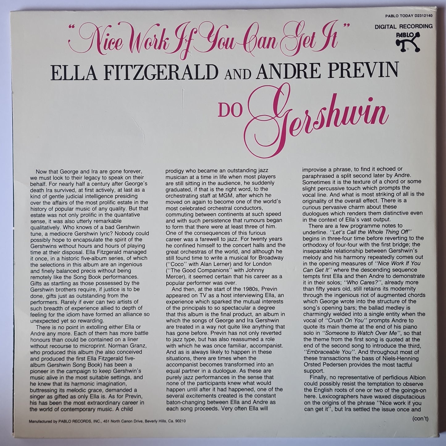 Ella Fitzgerald & Andre Previn – Nice Work If You Can Get It - Ella Fitzgerald And Andre Previn Do Gershwin - 1983 Pressing - Vinyl Record