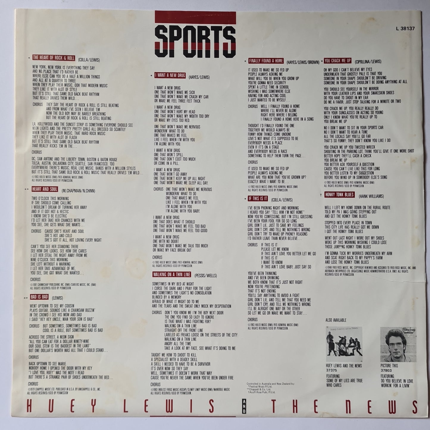 Huey Lewis & The News – Sports - 1983 - Vinyl Record