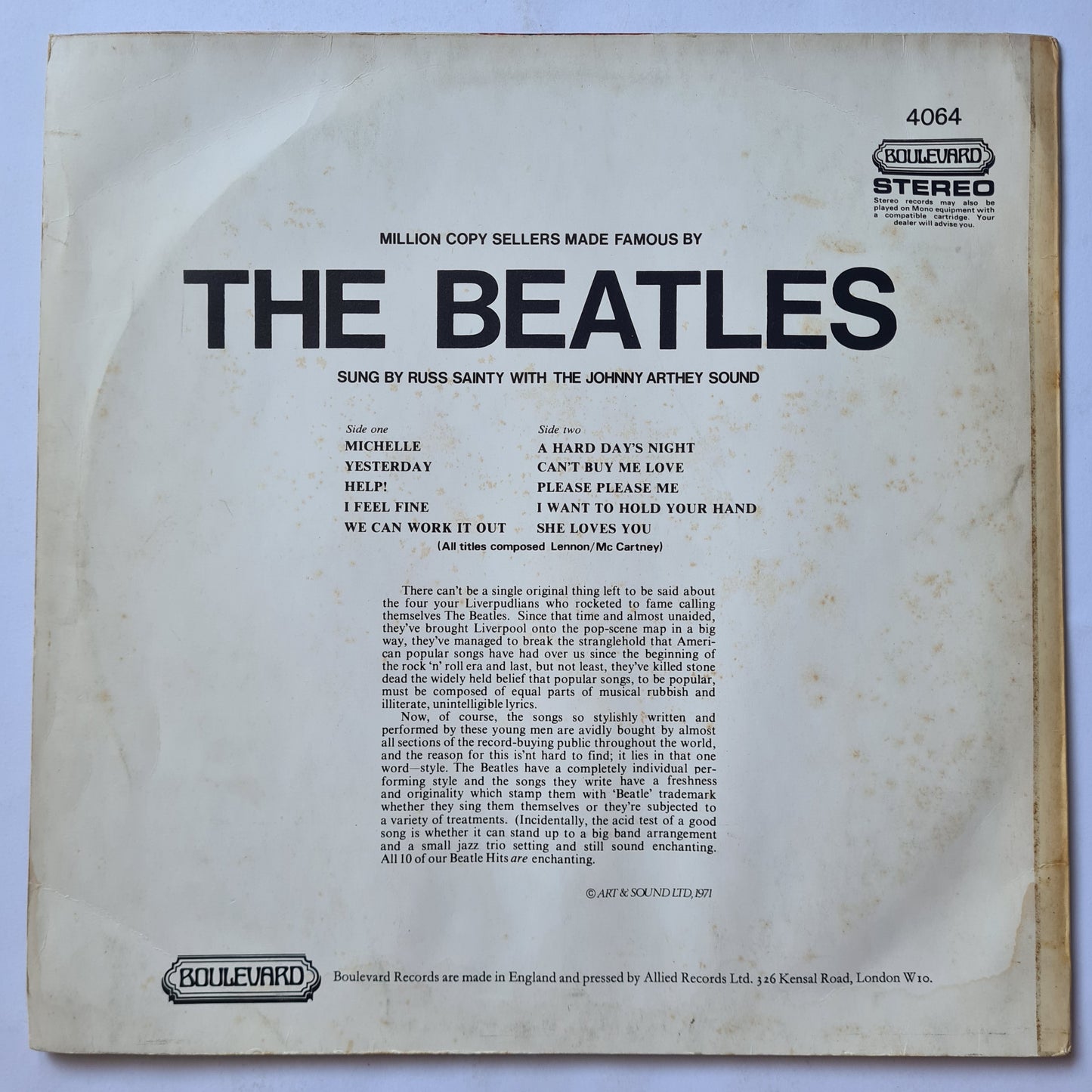 Russ Sainty With The Johnny Arthey Sound - Million Copy Sellers Made Famous By The Beatles - 1971 - Vinyl Record LP