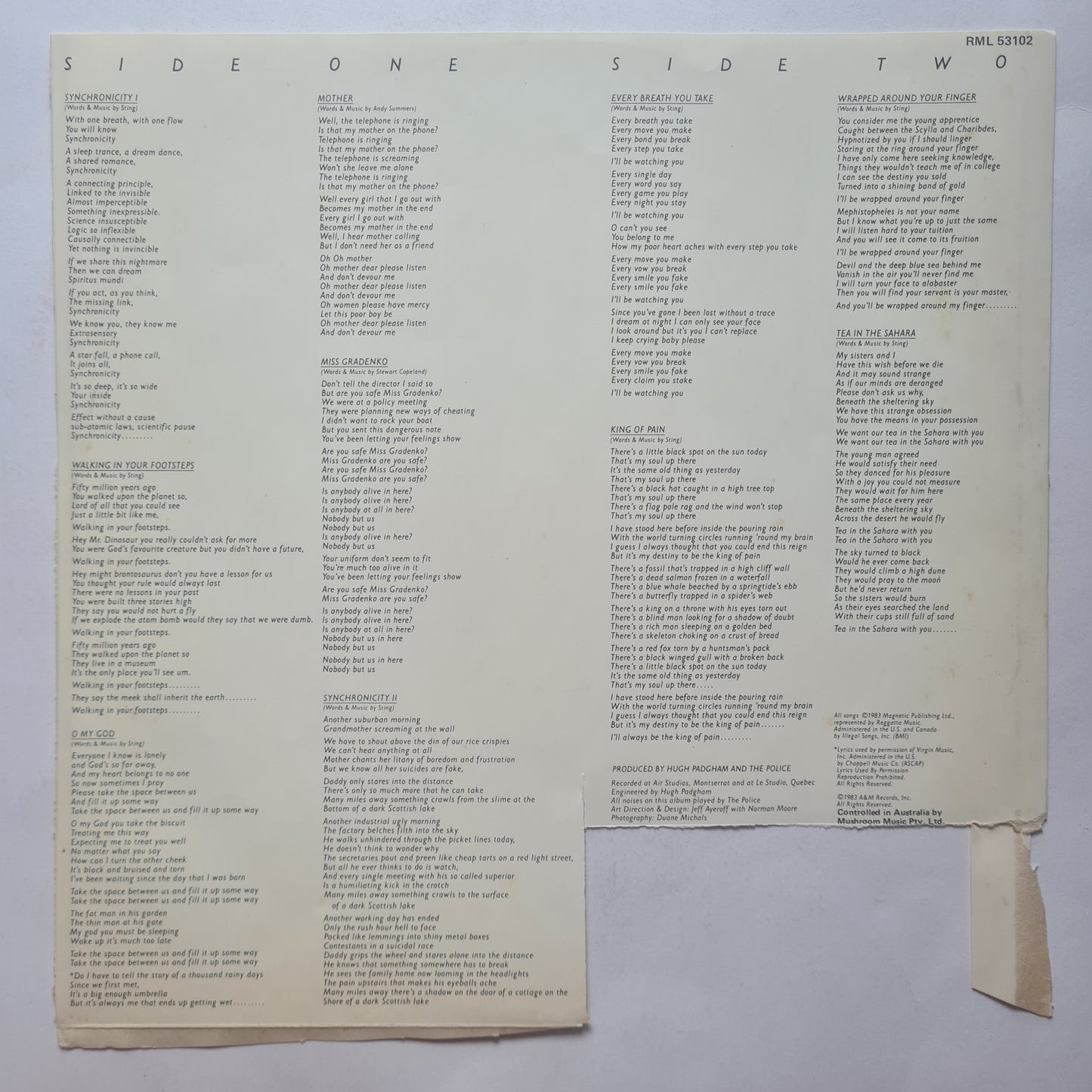 The Police – Synchronicity - 1983 (1984 Yellow Vinyl Release) - Vinyl Record LP