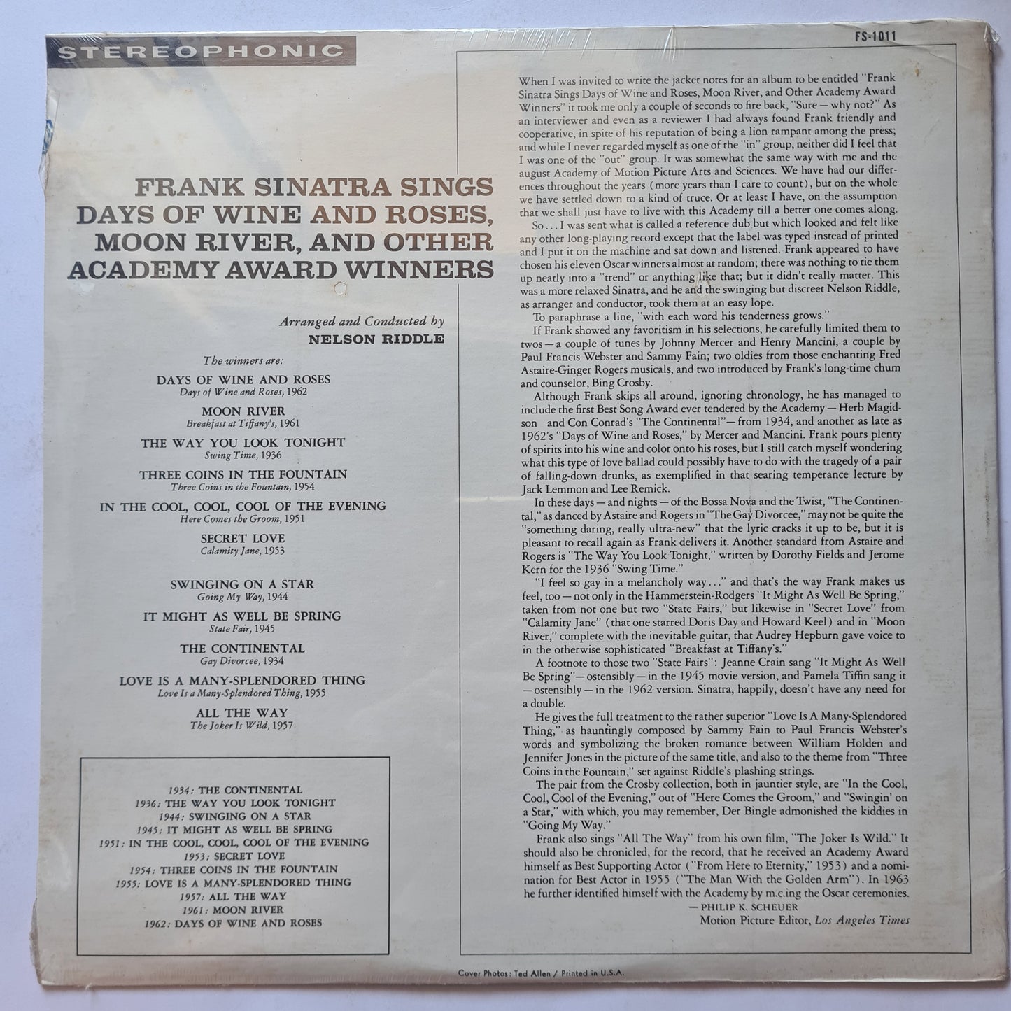 Frank Sinatra – Sings Days Of Wine And Roses, Moon River, And Other Academy Award Winners - 1964 - Vinyl Record LP (Sealed)