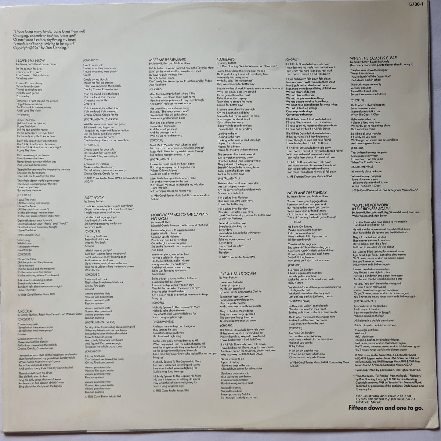 Jimmy Buffett – Floridays - 1986 - Vinyl Record LP (near mint)
