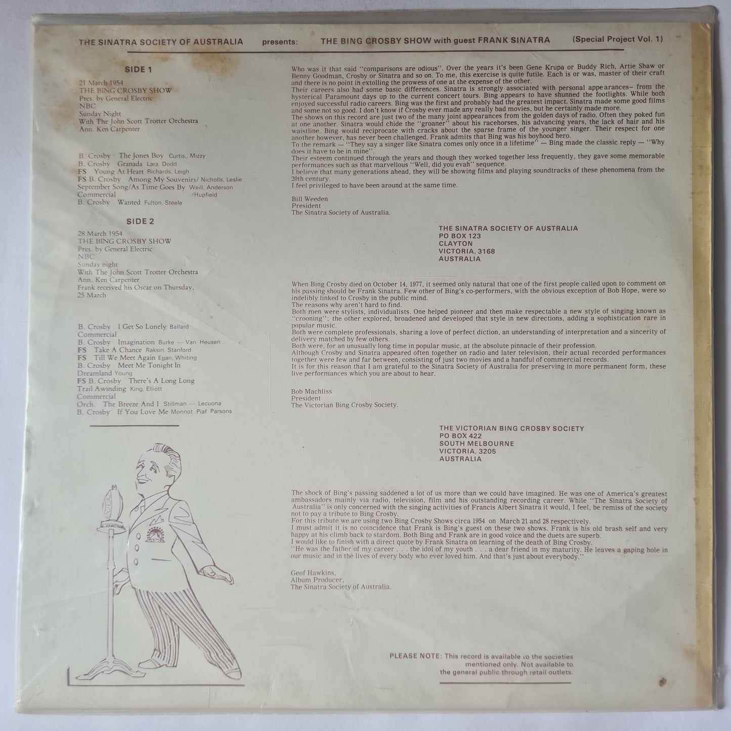 Frank Sinatra & Bing Crosby – The Sinatra Society Of Australia Presents: The Bing Crosby Show With Guest Frank Sinatra- 1979 - Vinyl Record LP (near mint)