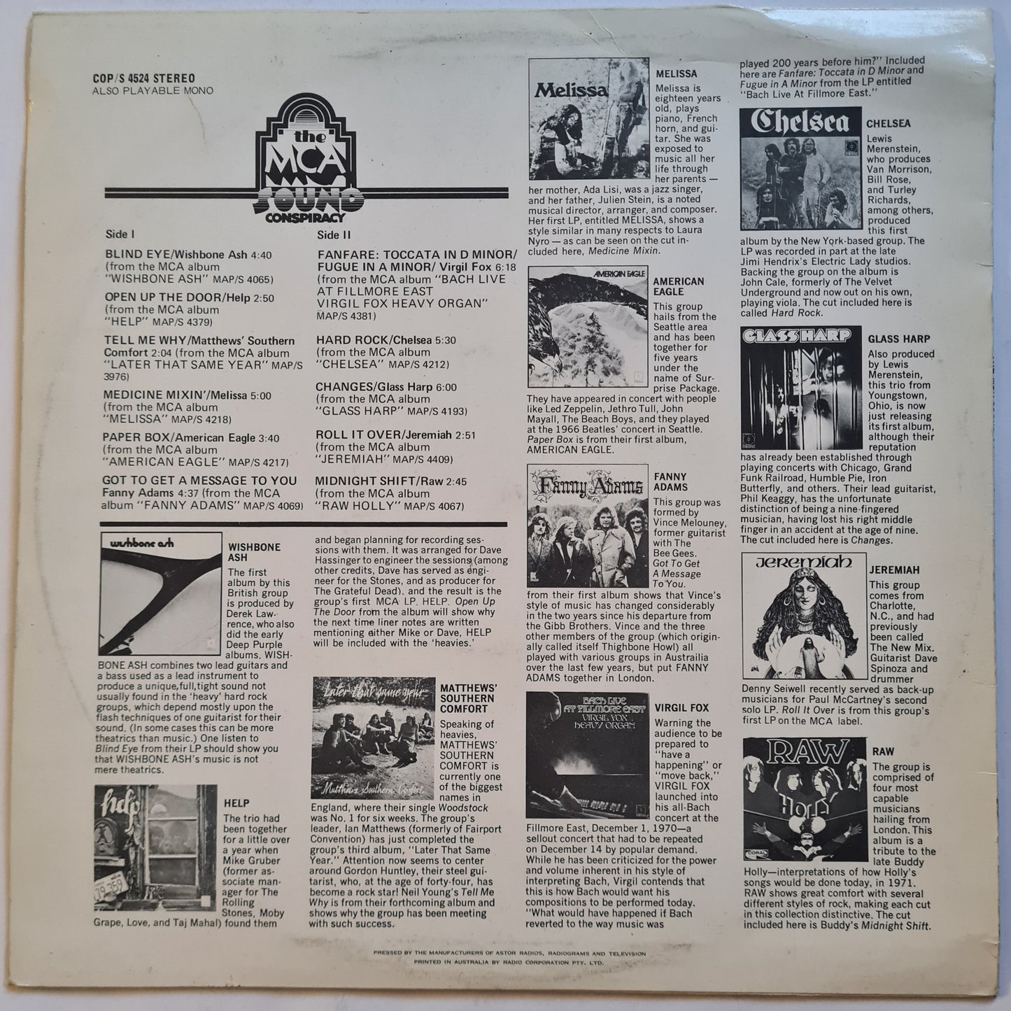 Various – The MCA Sound Conspiracy - 1971 - Vinyl Record LP (featuring: Chelsea w/ Peter Criss from KISS)