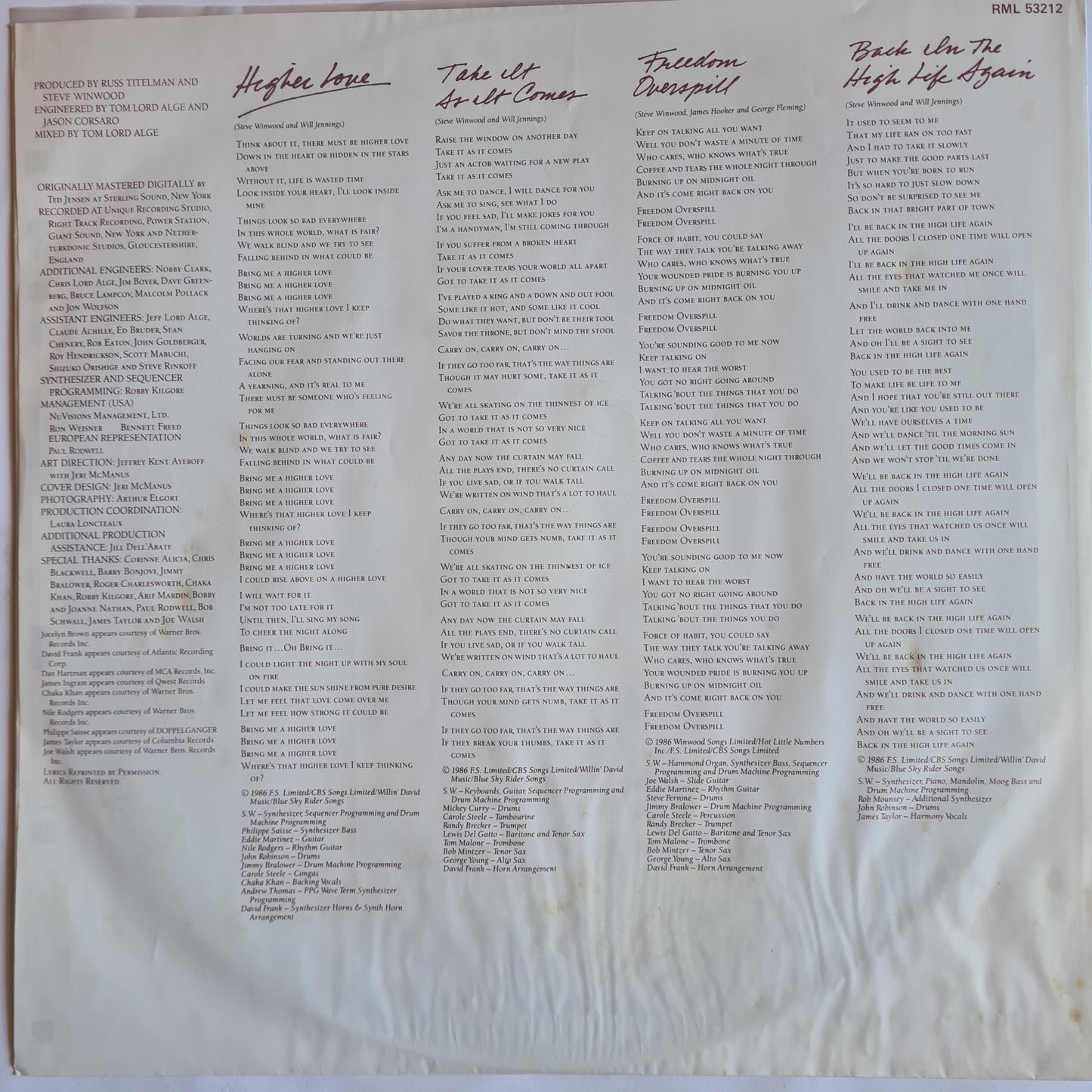 Stevie Winwood – Back In The High Life - 1986 - Vinyl Record LP (near mint)