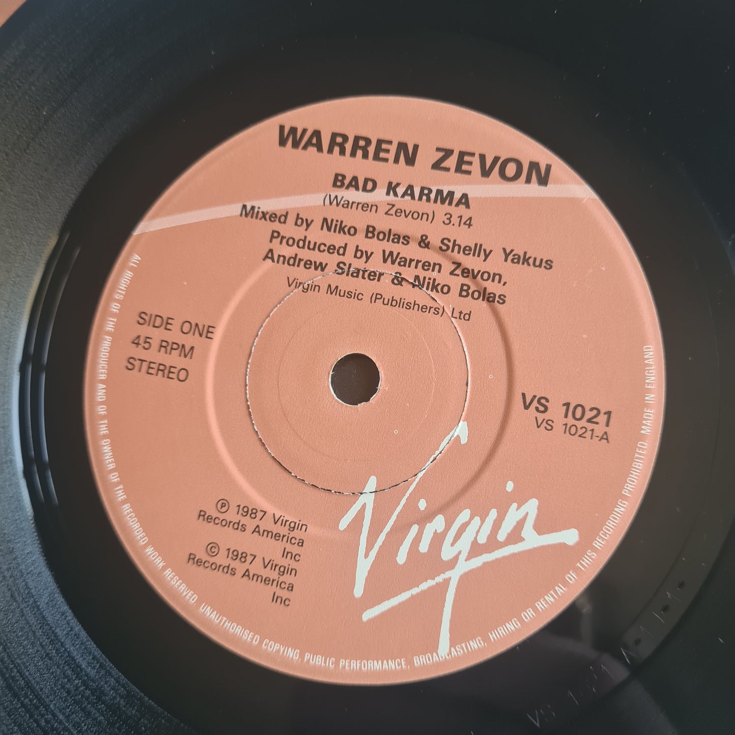 Warren Zevon – Bad Karma - 1987 (UK pressing) - Vinyl Record 7" Single - 45 RPM