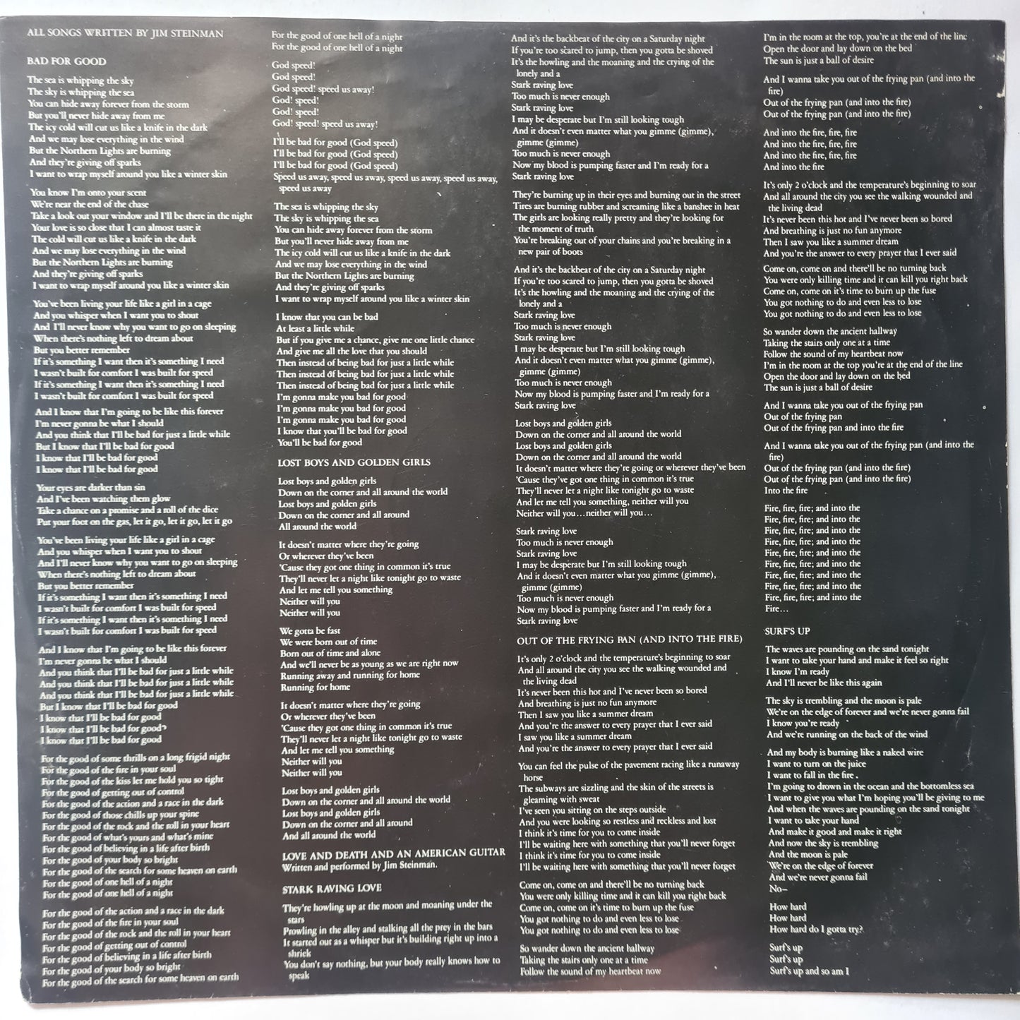Jim Steinman (Meatloaf) – Bad For Good - 1981 - Vinyl Record LP