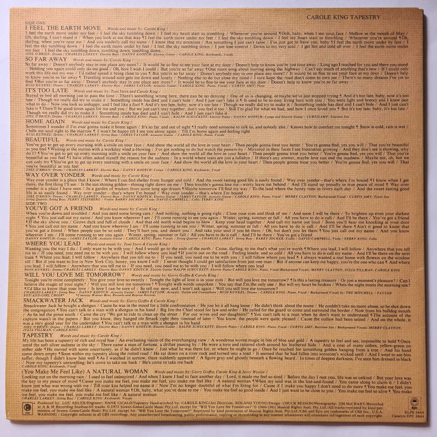 Carole King – Tapestry - 1971 (1978 Gatefold) Australian Press) - Vinyl Record LP (near mint)