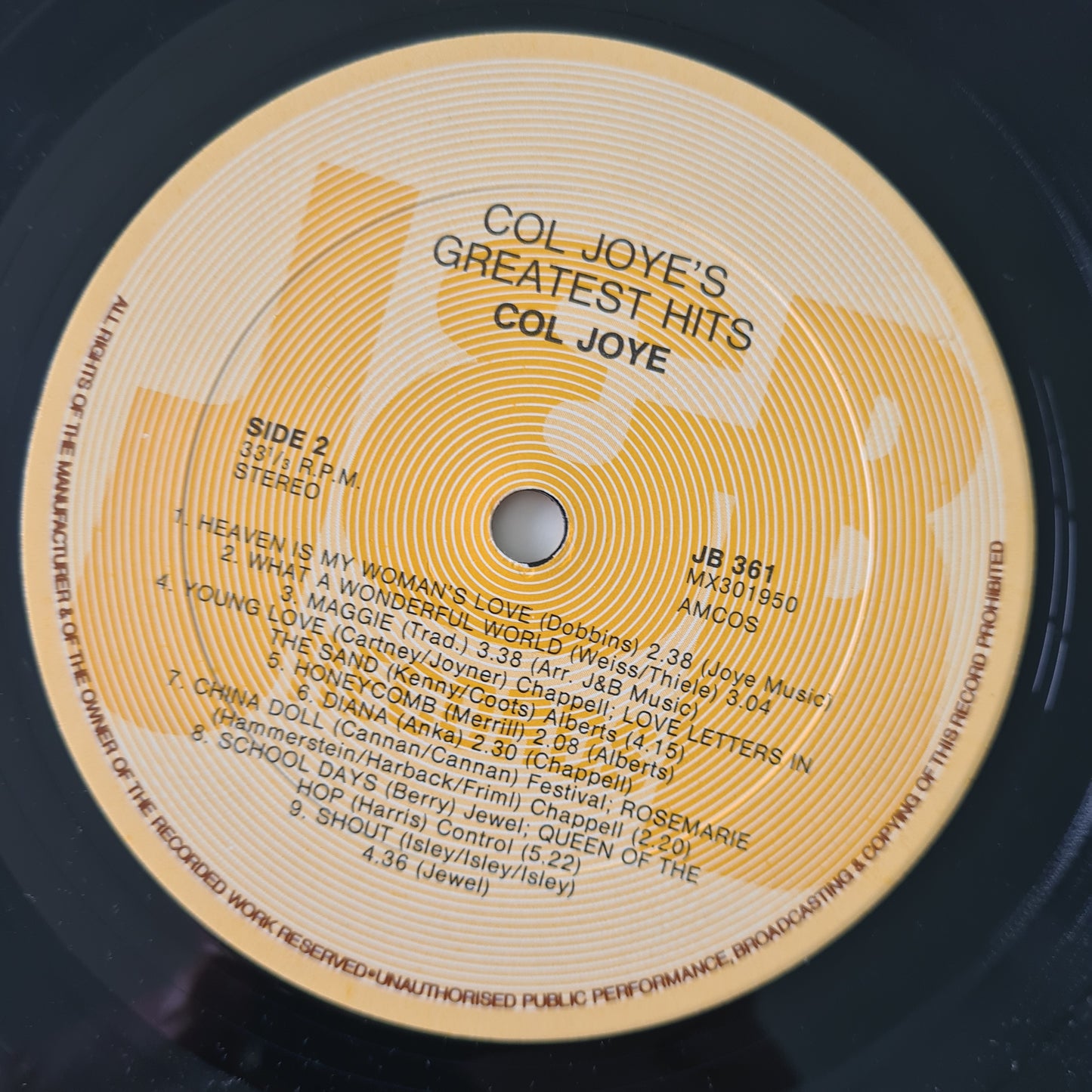 Col Joye – Greatest Hits - 1988 - Vinyl Record LP