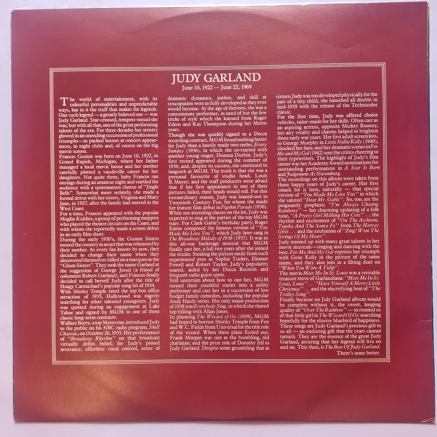 Judy Garland – The Best Of Judy Garland... There's None Better! - 1980 - Vinyl Record Lp (near mint)