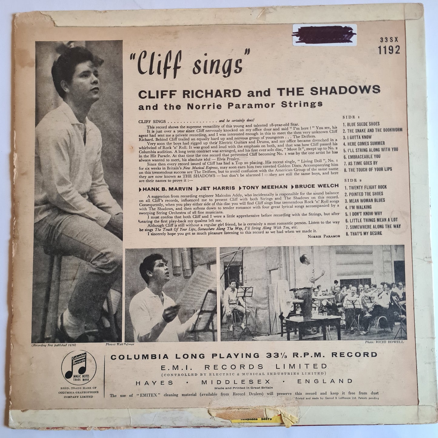 Cliff Richards – Cliff Sings - 1959 - Vinyl Record LP