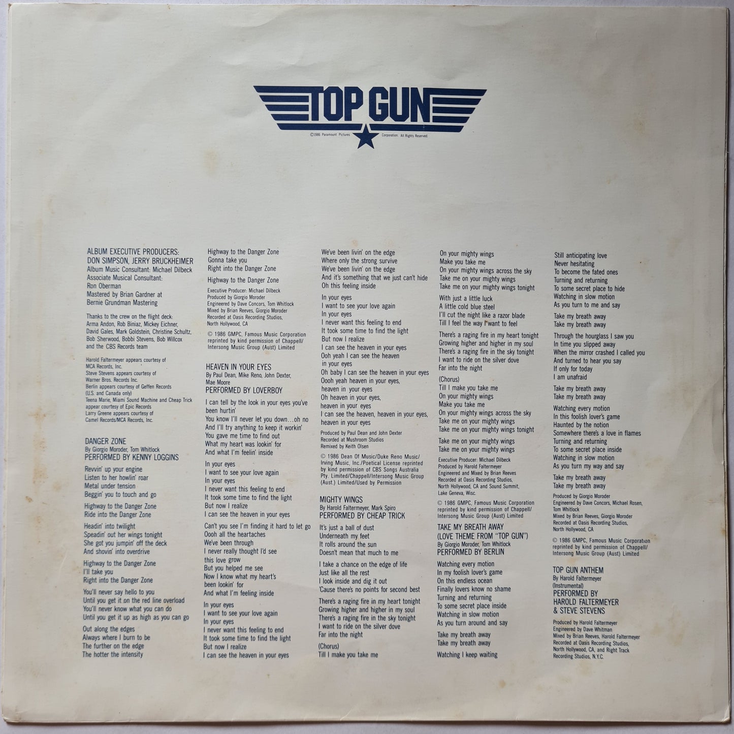 Top Gun – Original Motion Picture Soundtrack - 1986 - Vinyl Record LP
