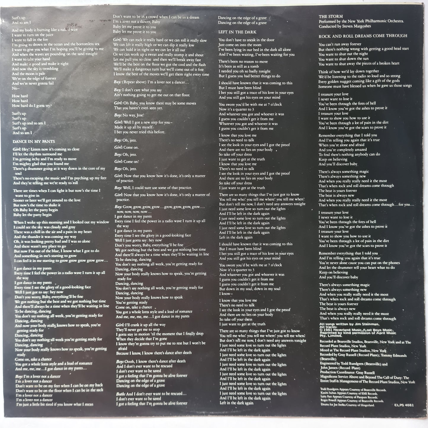 Jim Steinman (Meatloaf) – Bad For Good - 1981 - Vinyl Record LP