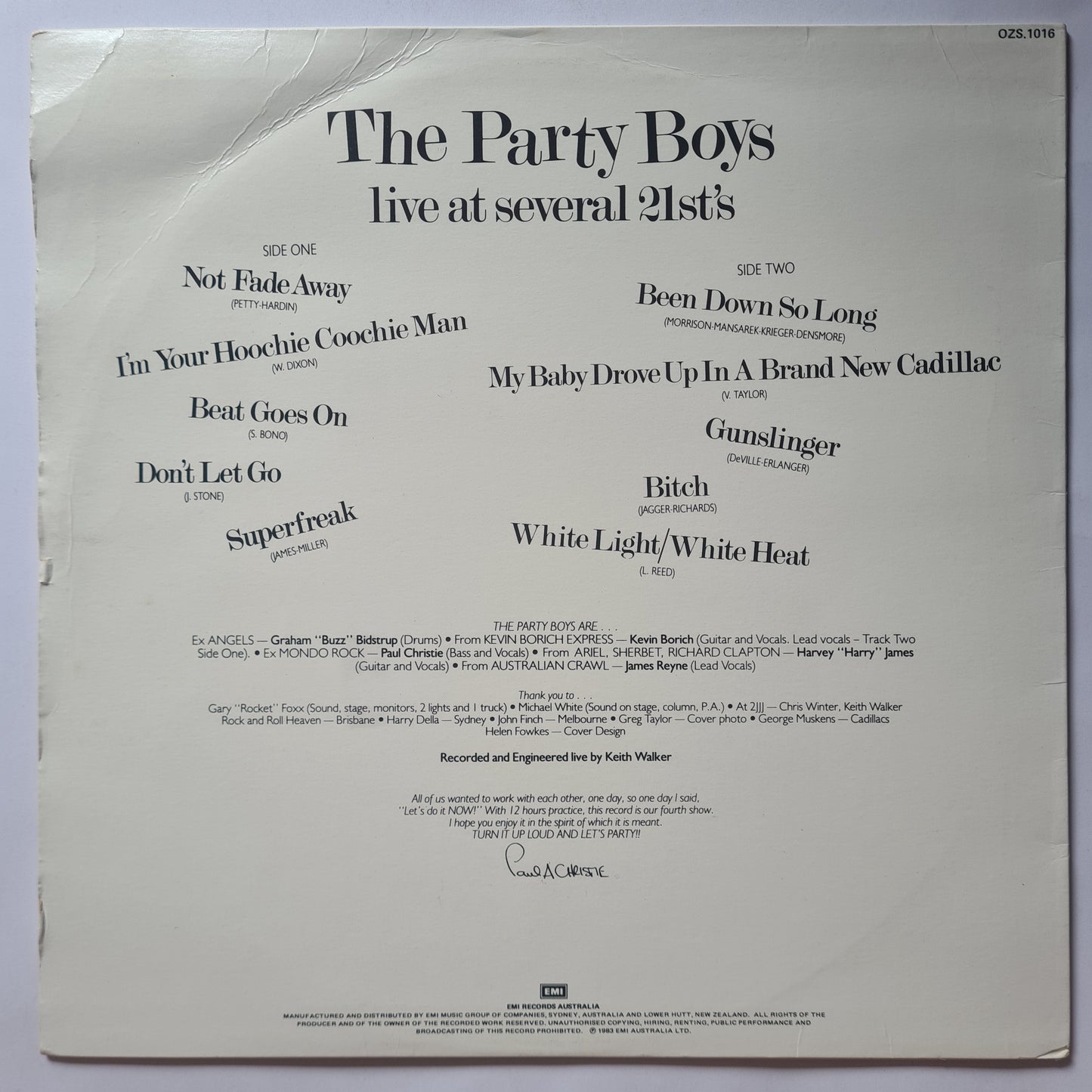 The Party Boys – Live At Several 21st's - 1983 - Vinyl Record LP (Kevin Borich,James Reyne etc)