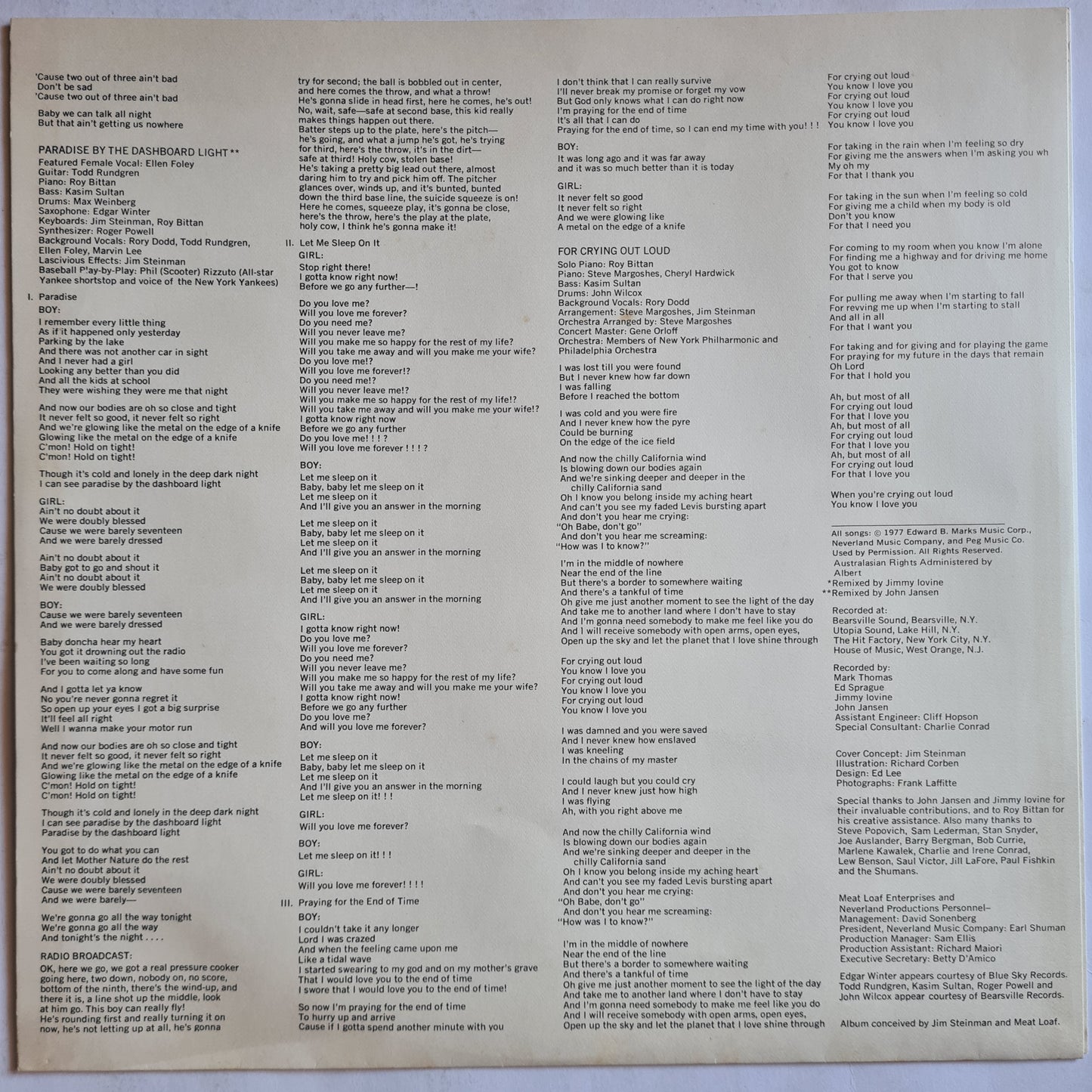 Meat loaf – Bat Out Of Hell - 1977 - Vinyl Record LP (Excellent)