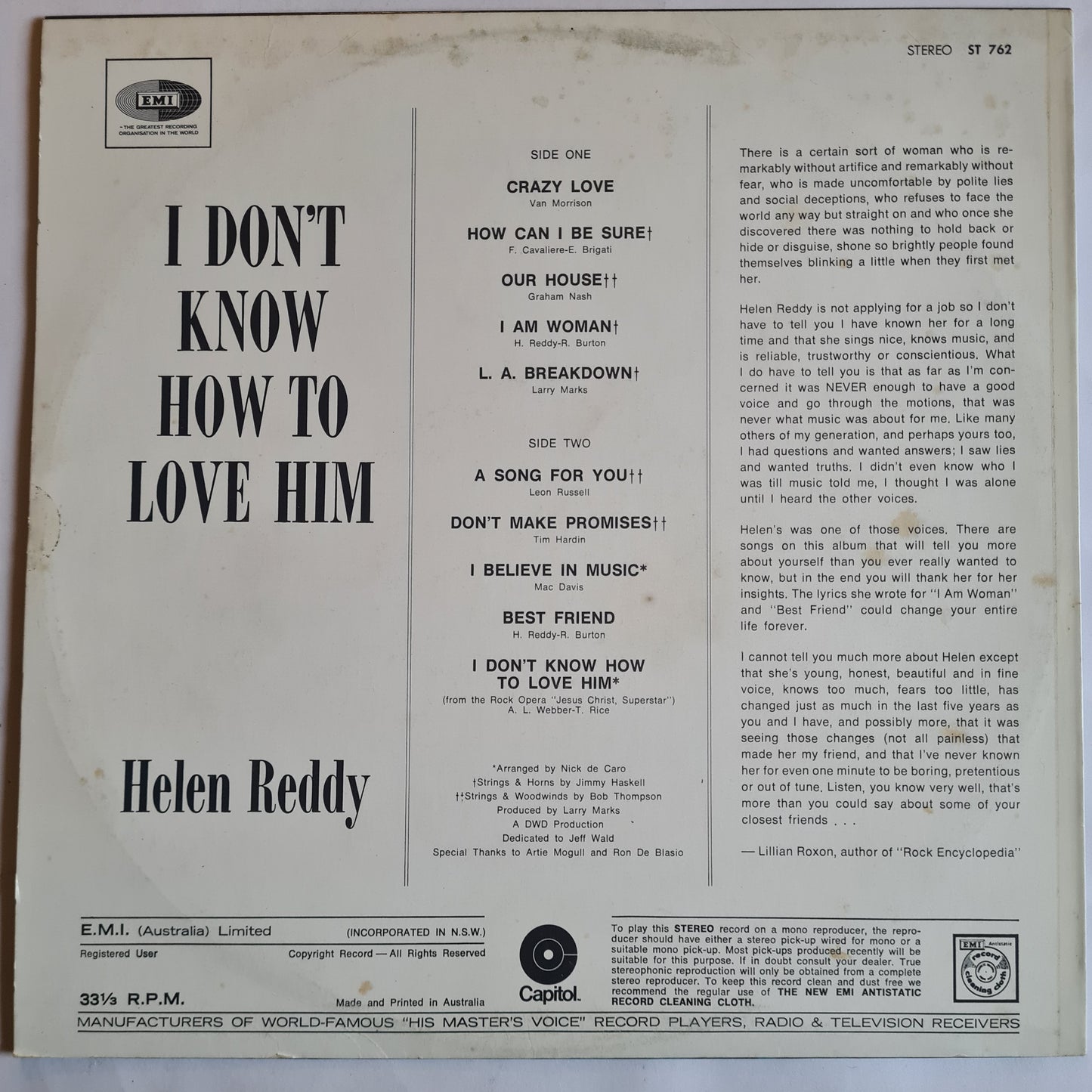 Helen Reddy – I Don't Know How To Love Him - 1973 - Vinyl Record LP
