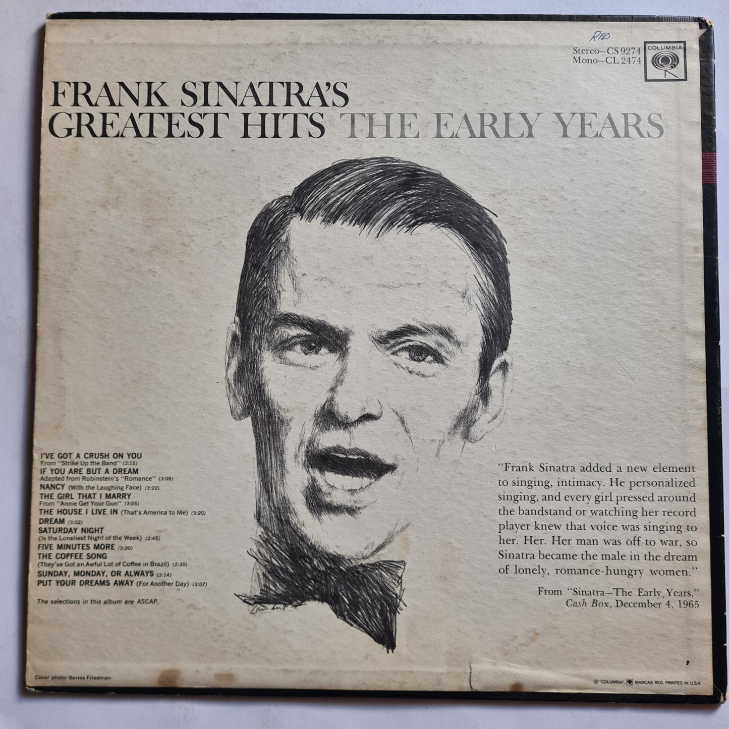 Frank Sinatra – Frank Sinatra's Greatest Hits The Early Years - 1966 - Vinyl Record LP (Copy)