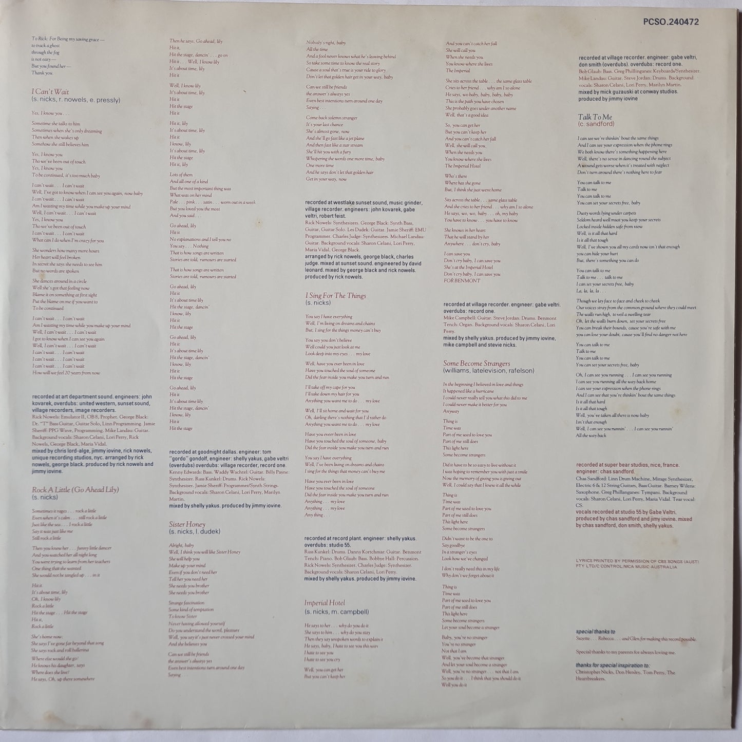 Stevie Nicks  – Rock A Little - 1985 - Vinyl Record