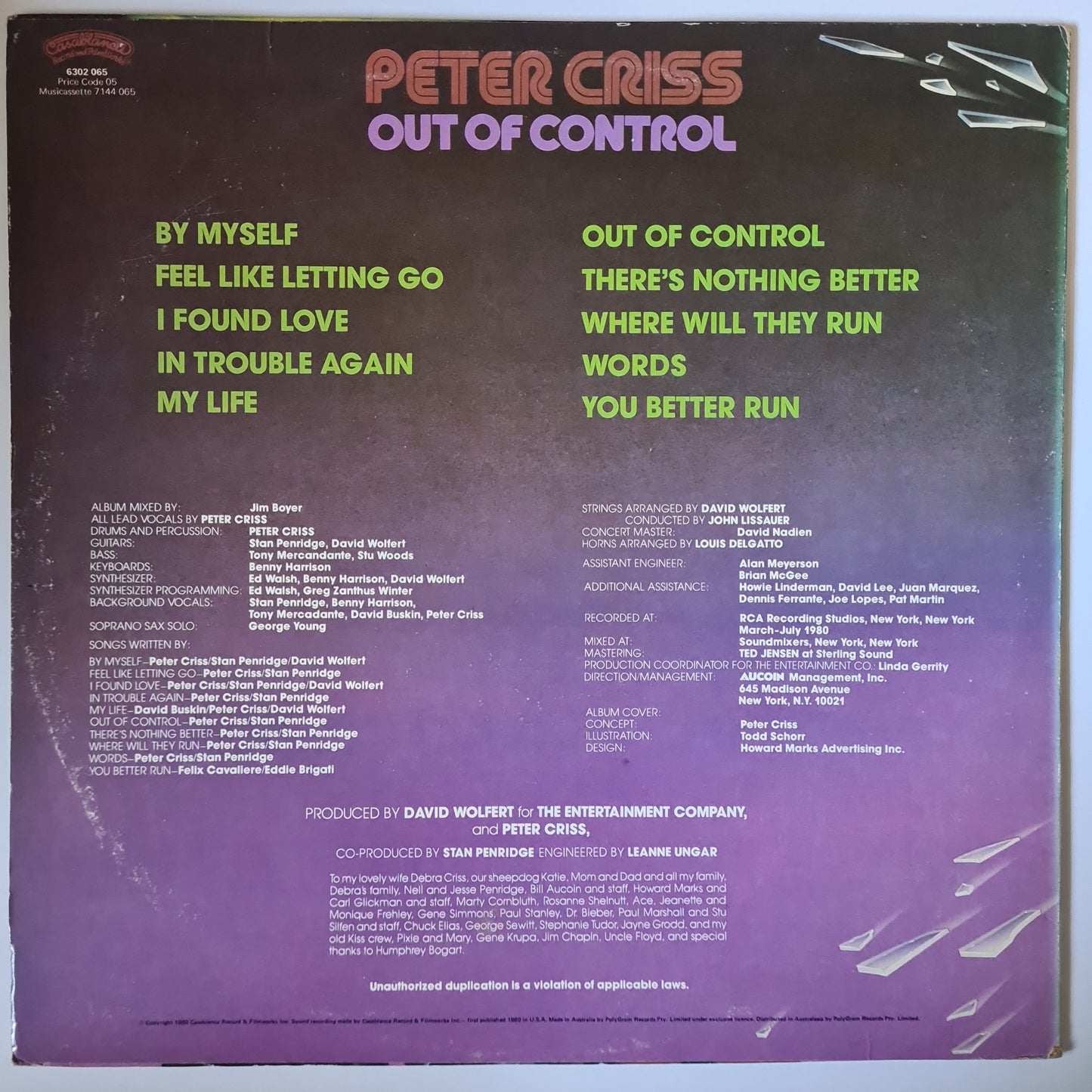 Peter Criss/ KISS – Out Of Control - 1980 - Vinyl Record