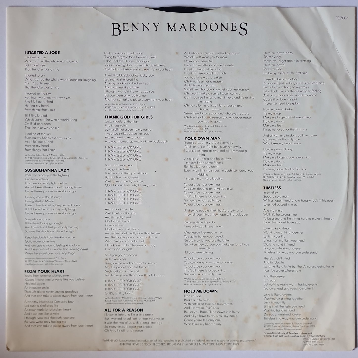 Benny Mardones – Thank God For Girls - 1978 - Vinyl Record