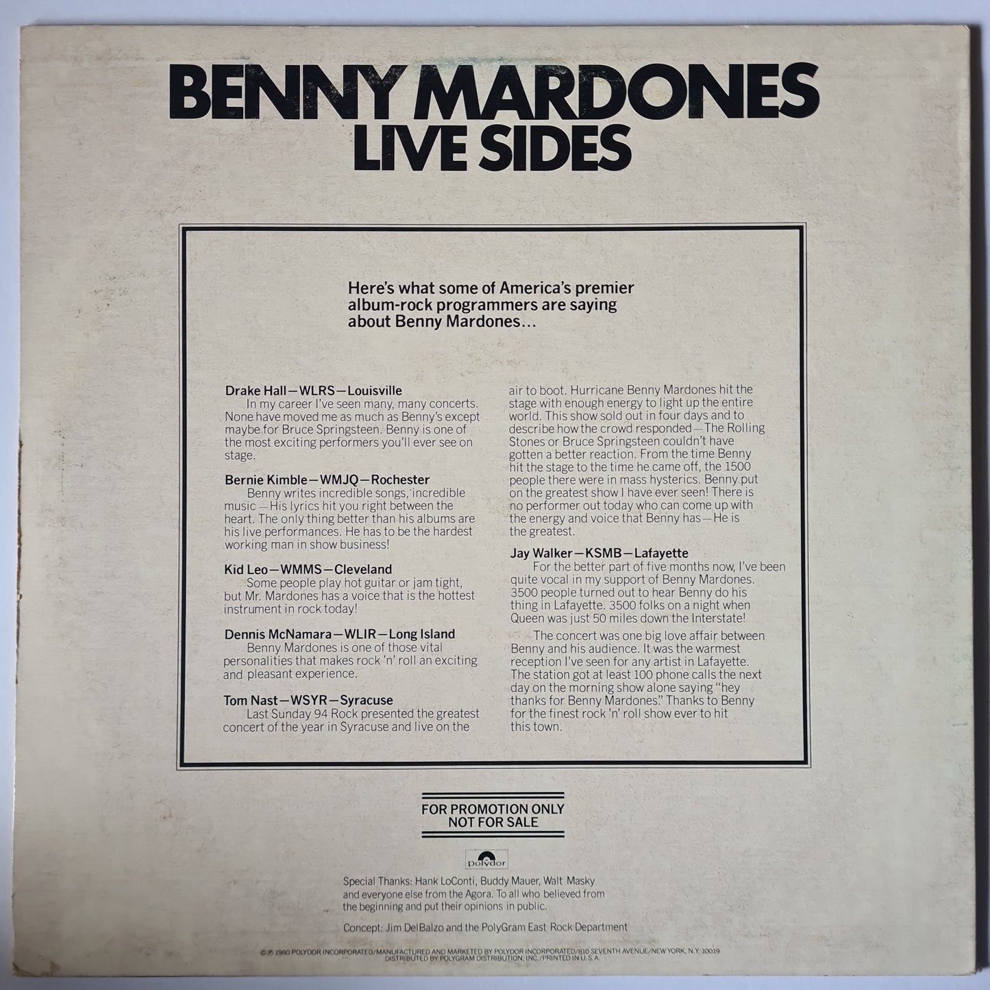 Benny Mardones – Live Sides - 1980 (Promotional Only Copy) - Vinyl Record