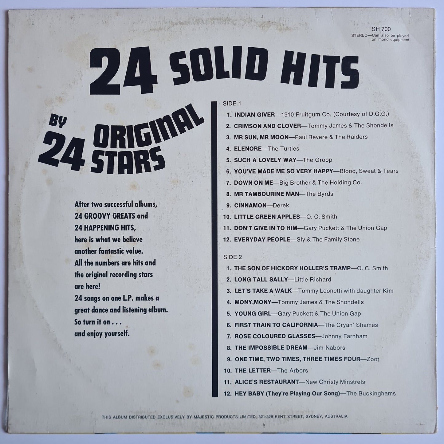 Various Artists/Hits album - 24 Solid Hits By 24 Original Stars - 1969 - Vinyl Record