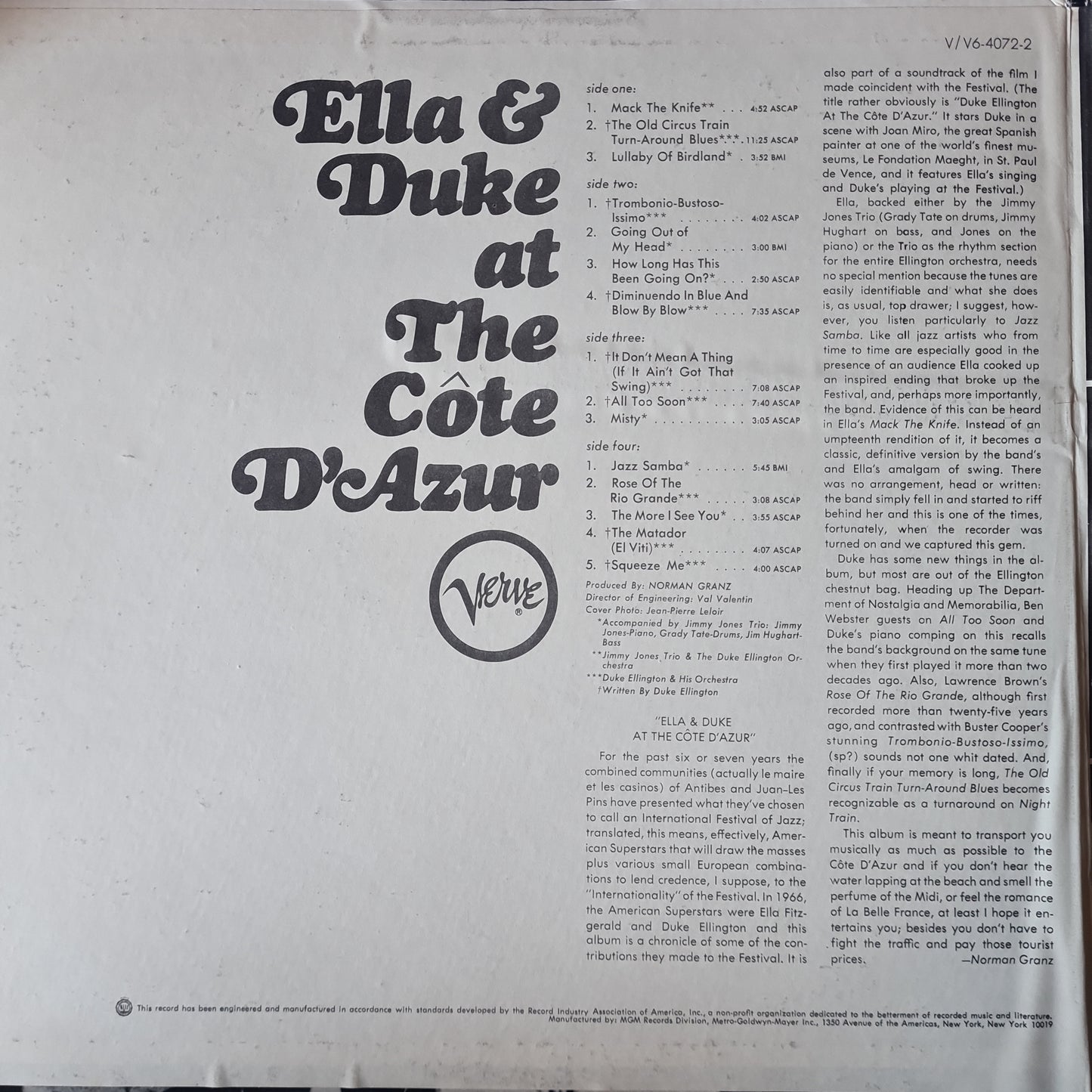 Ella Fitzgerald & Duke Ellington – Ella & Duke At The Côte D'Azur - 1967 Pressing (2LP) - Vinyl Record