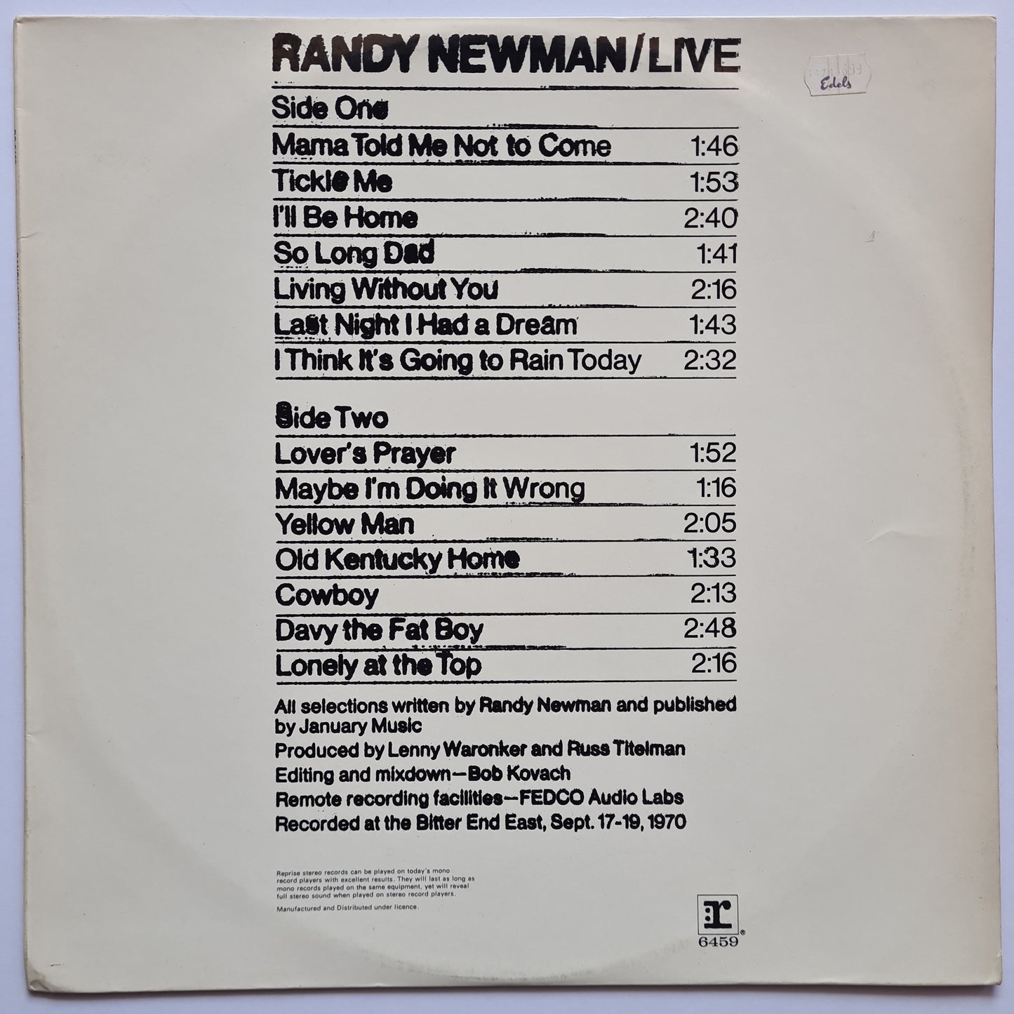 Randy Newman – Randy Newman LIVE - 1971 - Vinyl Record Live