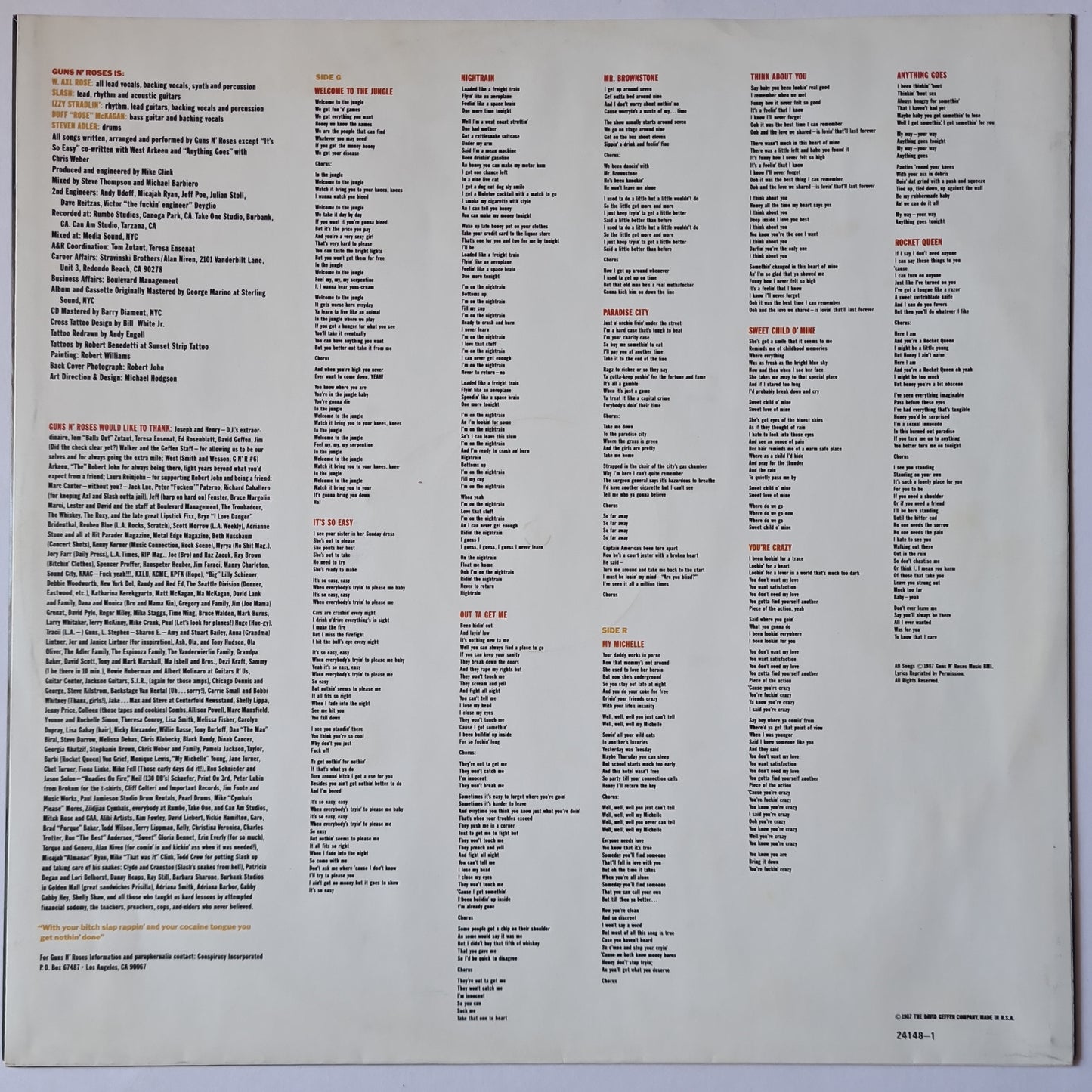 Guns N' Roses – Appetite For Destruction - 1987 - Vinyl Record