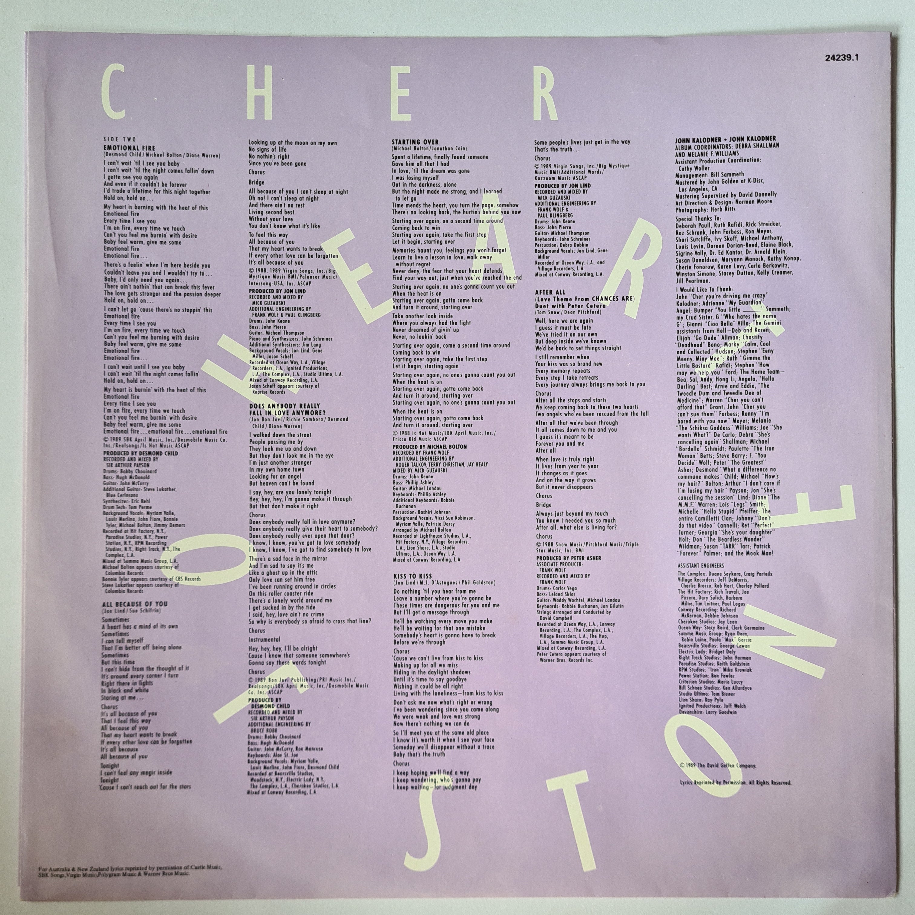 Cher – Heart Of Stone - 1989 - Vinyl Record – Sound Hound Records