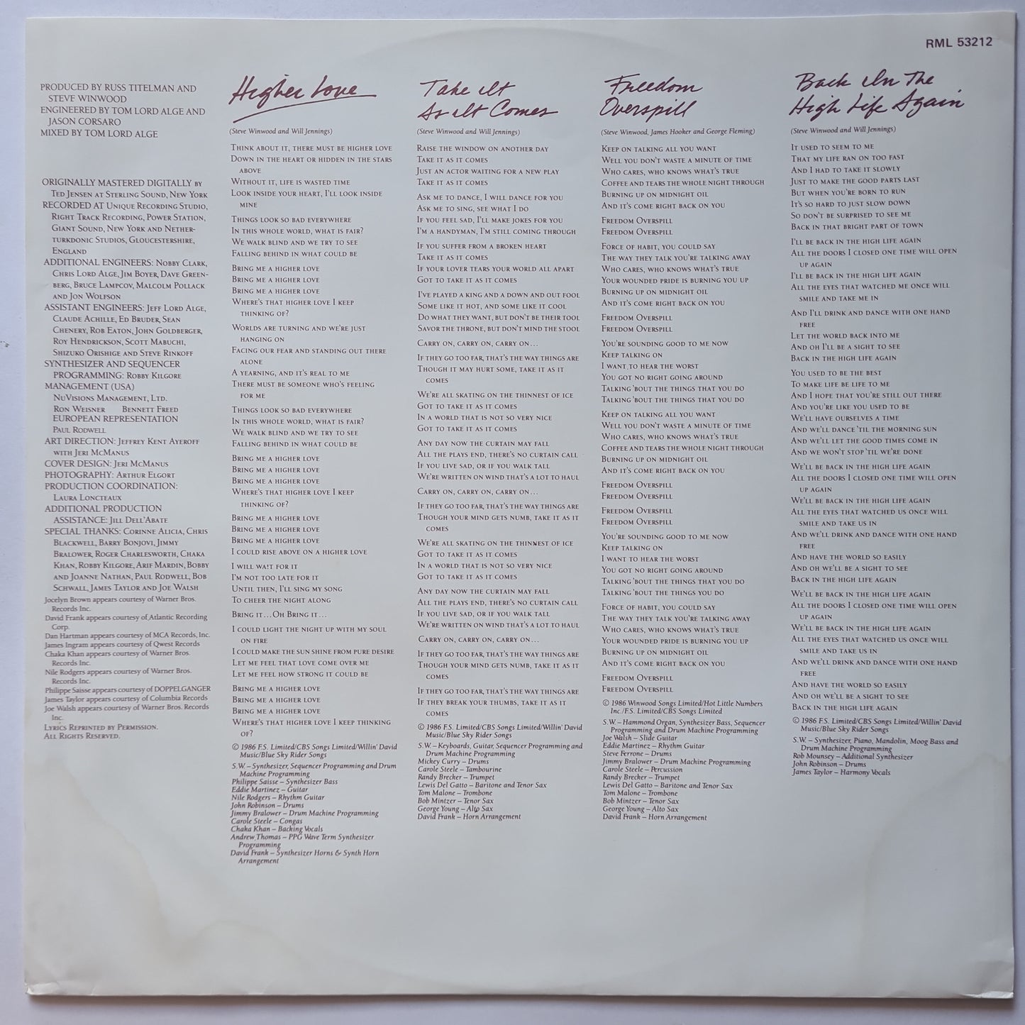 Stevie Winwood – Back In The High Life - 1986 - Vinyl Record
