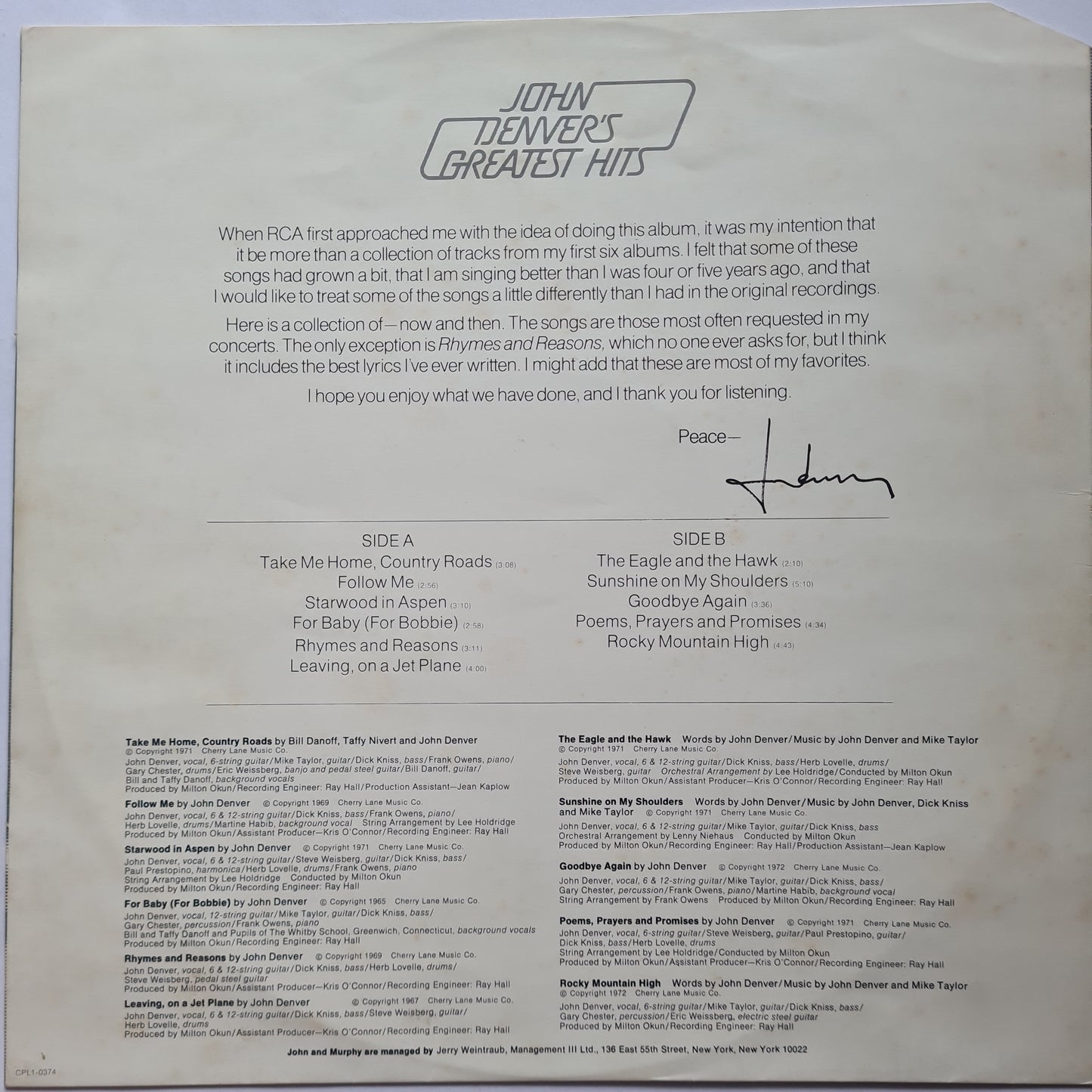 John Denver – John Denver's Greatest Hits - 1973 - Vinyl Record
