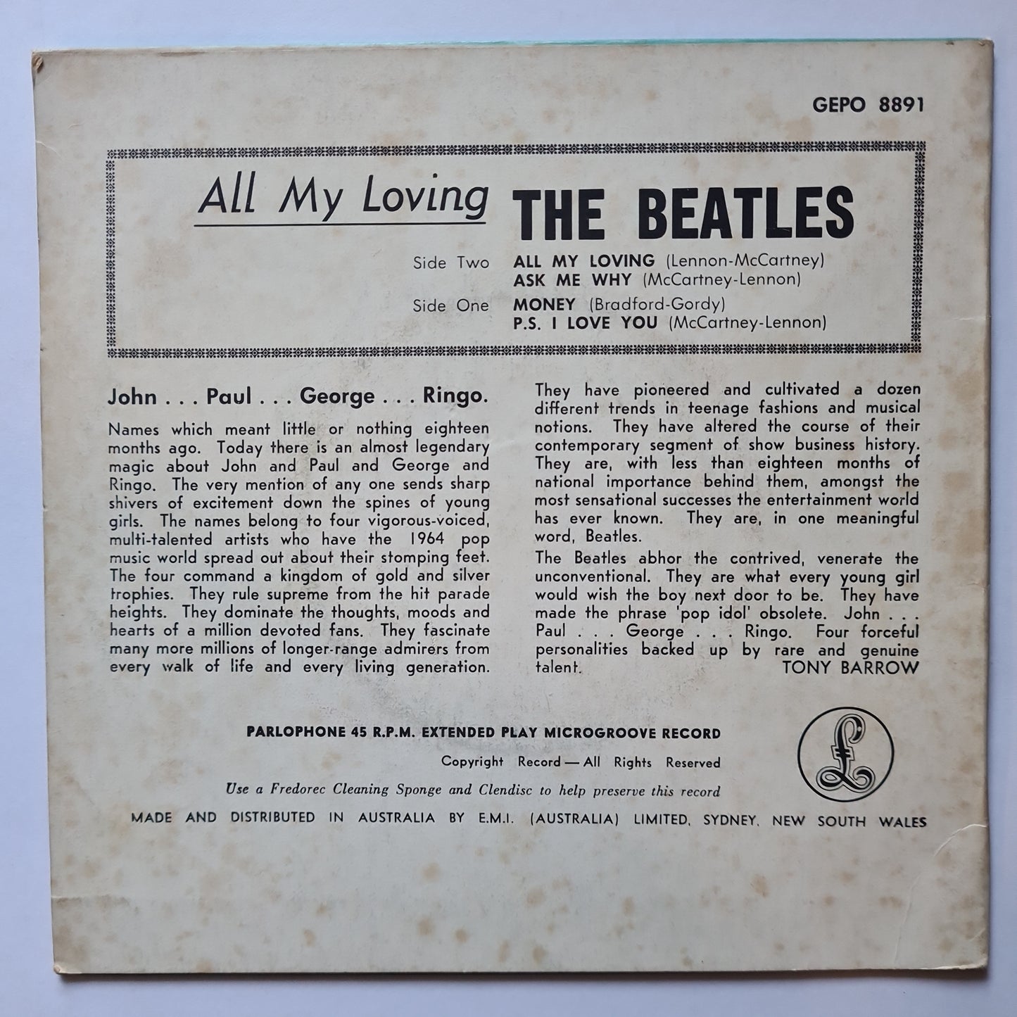 The Beatles – All My Loving - 1964 (1964 Australian 7inch single) - Vinyl Record