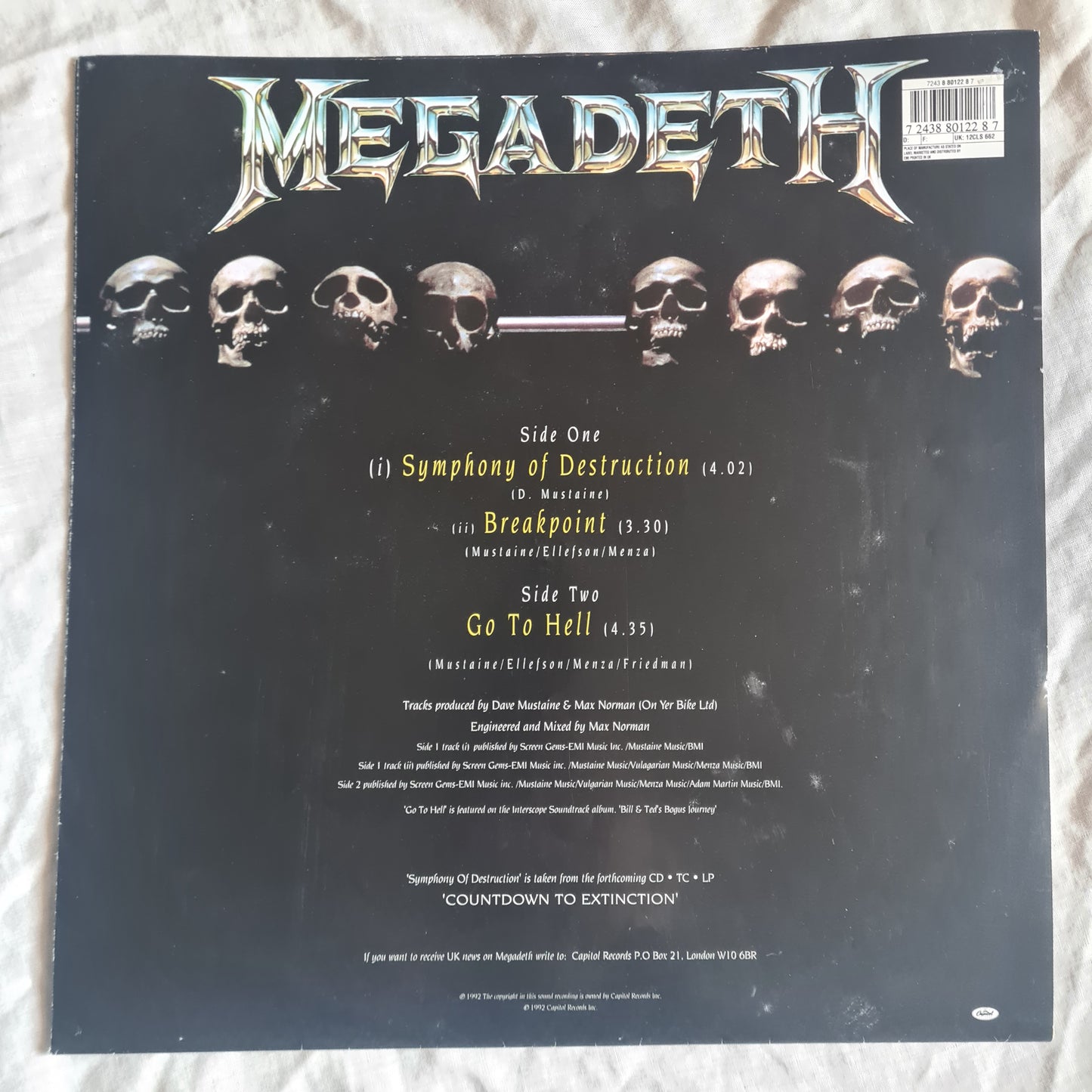 Megadeth – Symphony Of Destruction (12 inch Single Clear Vinyl) with Poster - 1992 - Vinyl Record LP