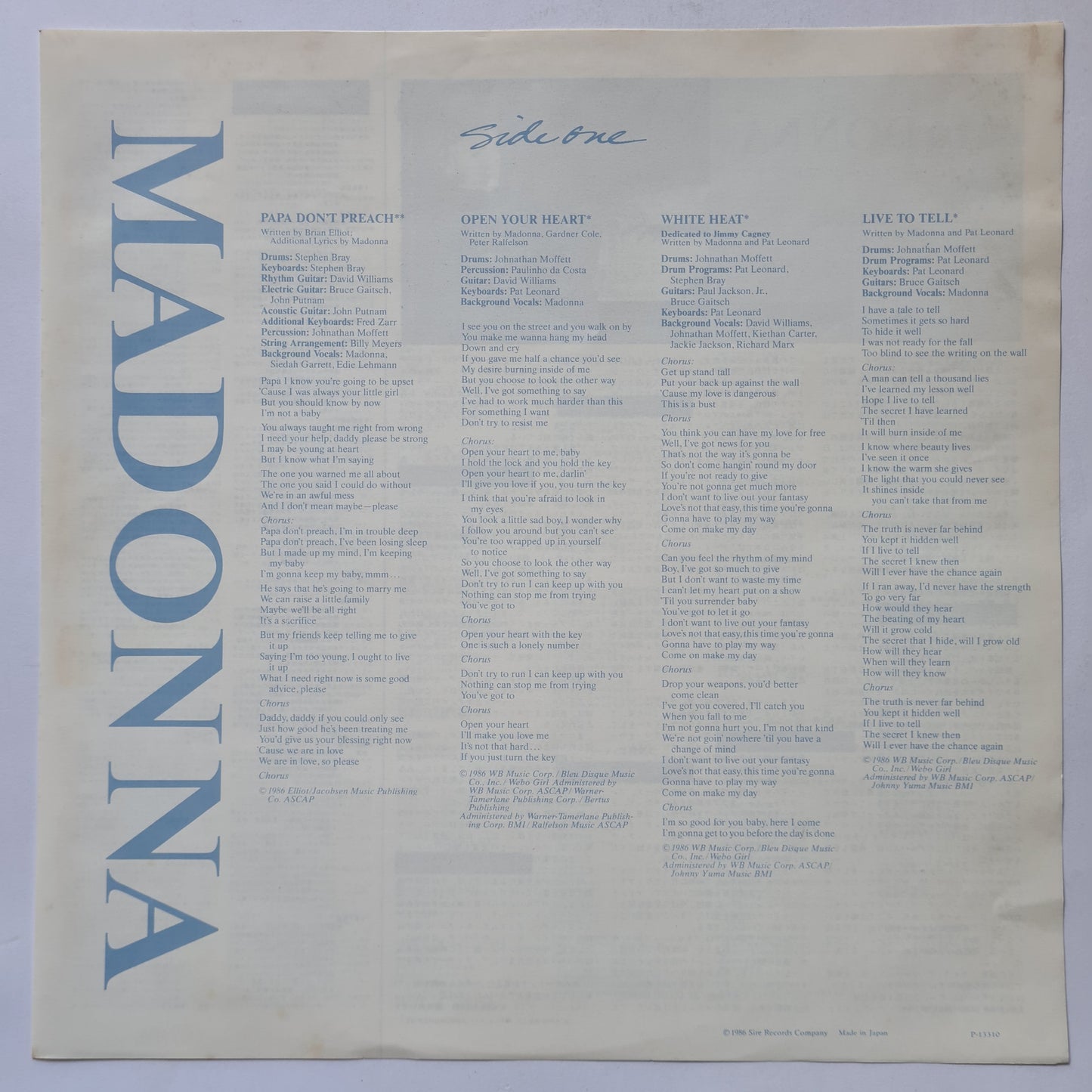 Madonna – True Blue- 1986 Japanese Pressing - Vinyl Record LP