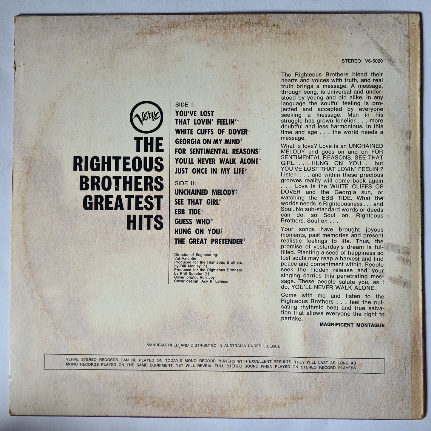 The Righteous Brothers – Greatest Hits - 1967 - Vinyl Record LP