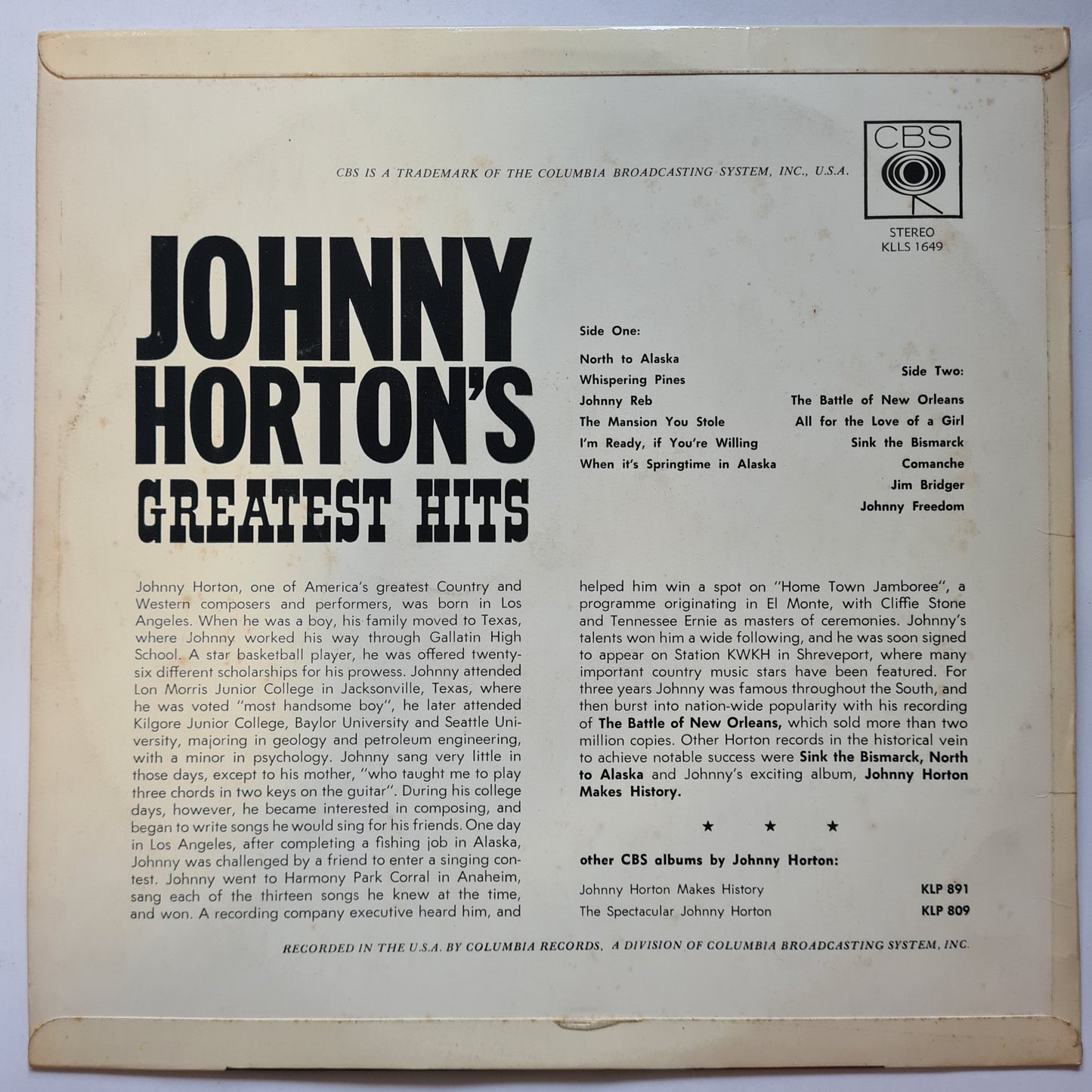 Johnny Horton – Greatest Hits - 1961 - Vinyl Record LP