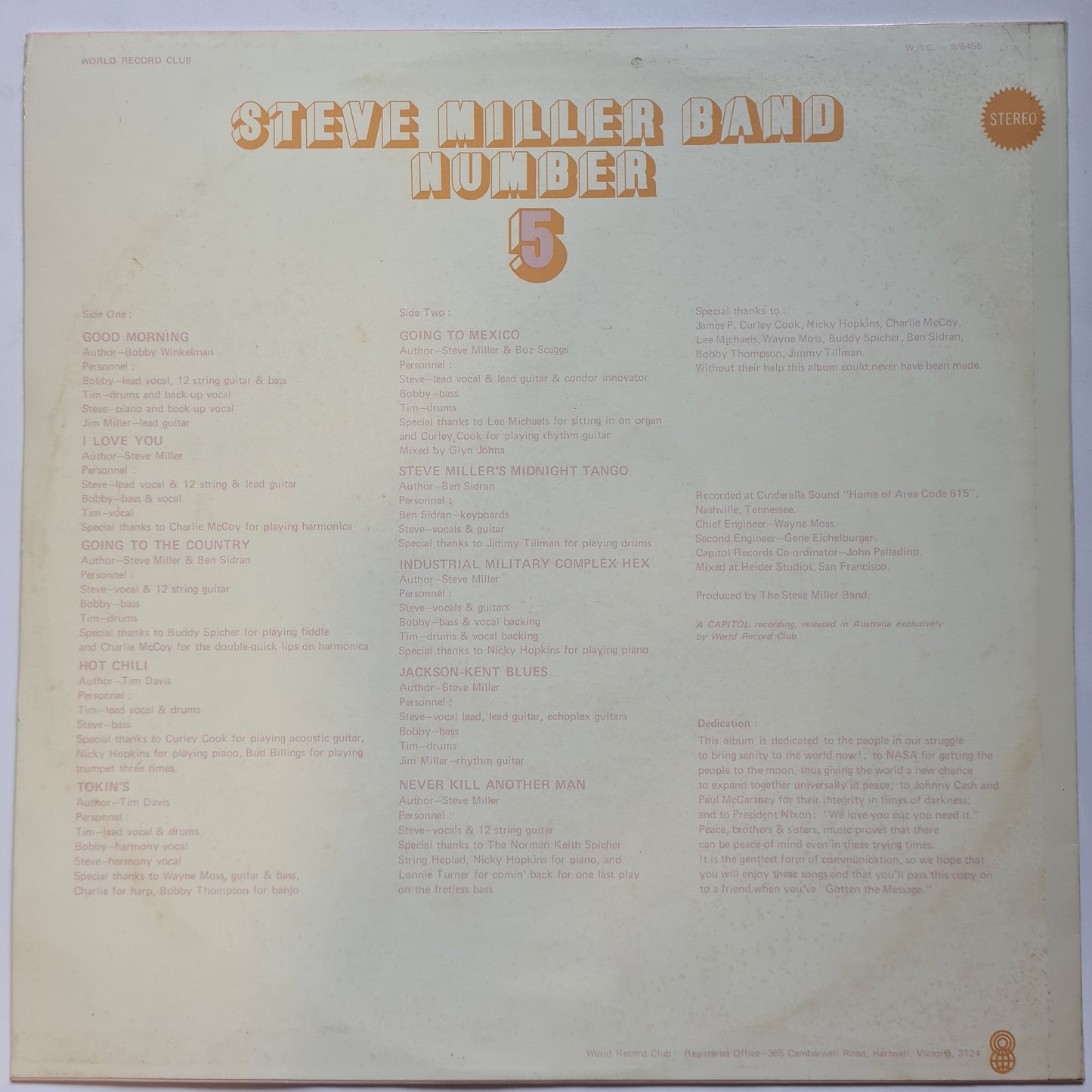 Steve Miller Band – Number 5 - 1970 (1973 Australian Pressing) - Vinyl Record LP (near mint)