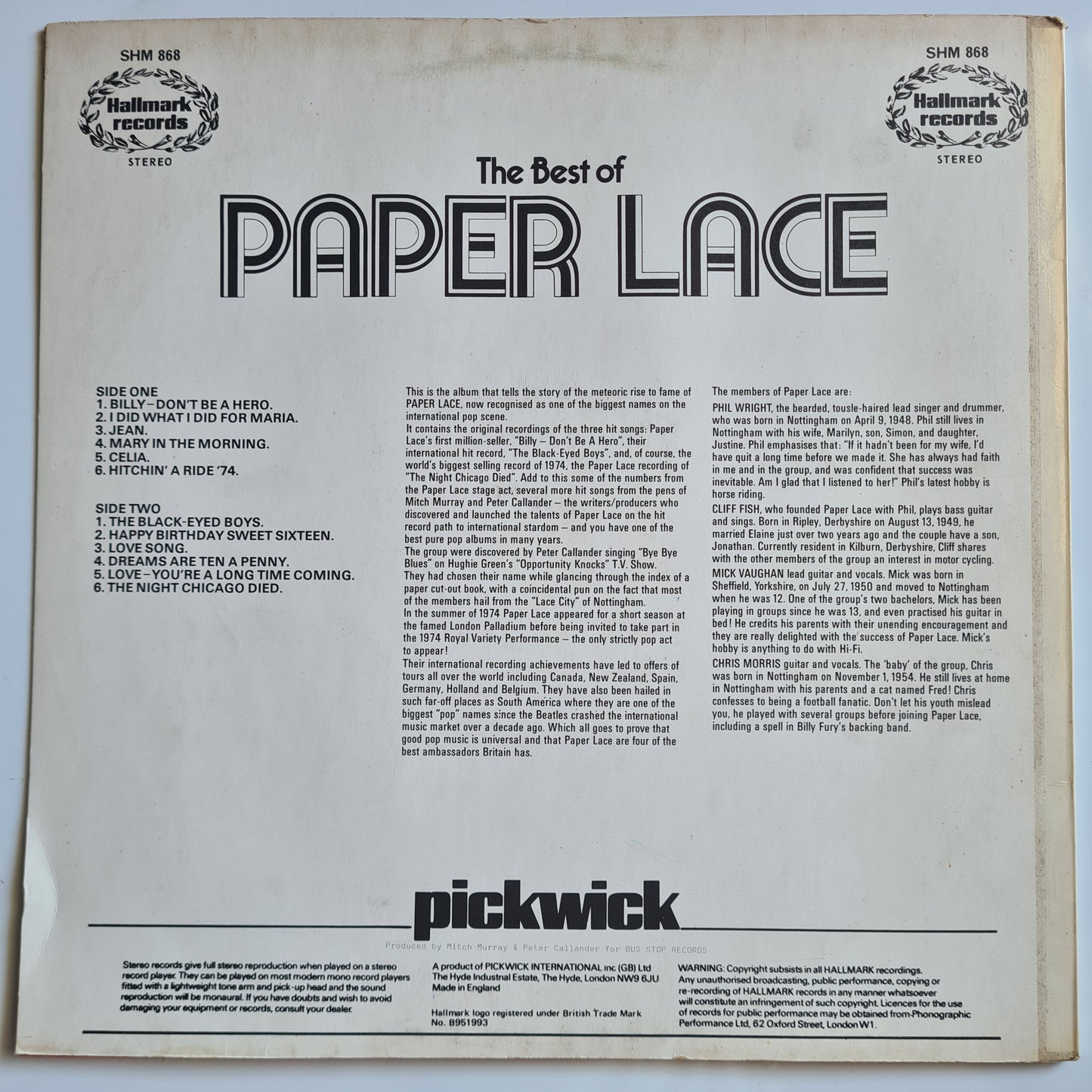 Paper Lace – The Best Of Paper Lace (UK pressing) - 1974 - Vinyl Record LP