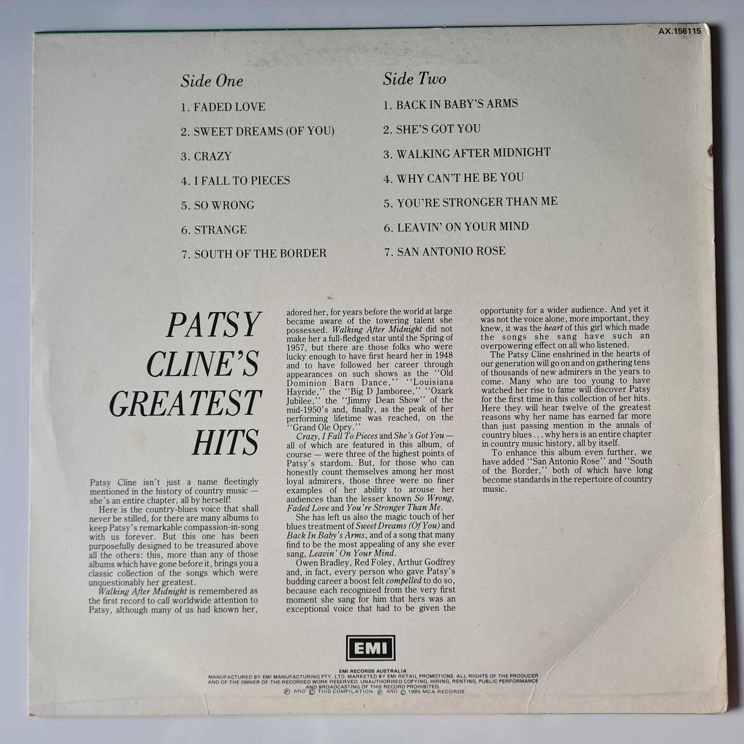 Patsy Cline – Patsy Cline's Greatest Hits - 1985 - Vinyl Record LP