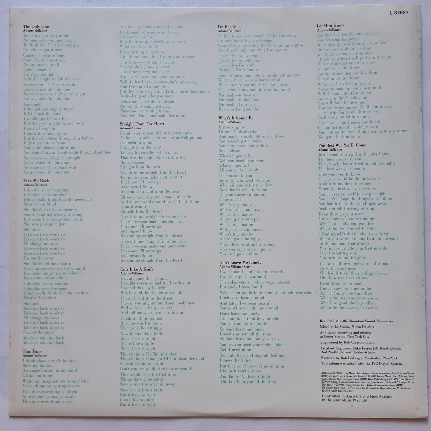 Bryan Adams – Cuts Like A Knife - 1983 - Vinyl Record LP (near mint)