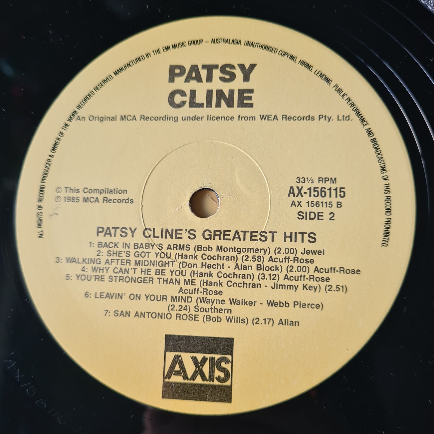 Patsy Cline – Patsy Cline's Greatest Hits - 1985 - Vinyl Record LP