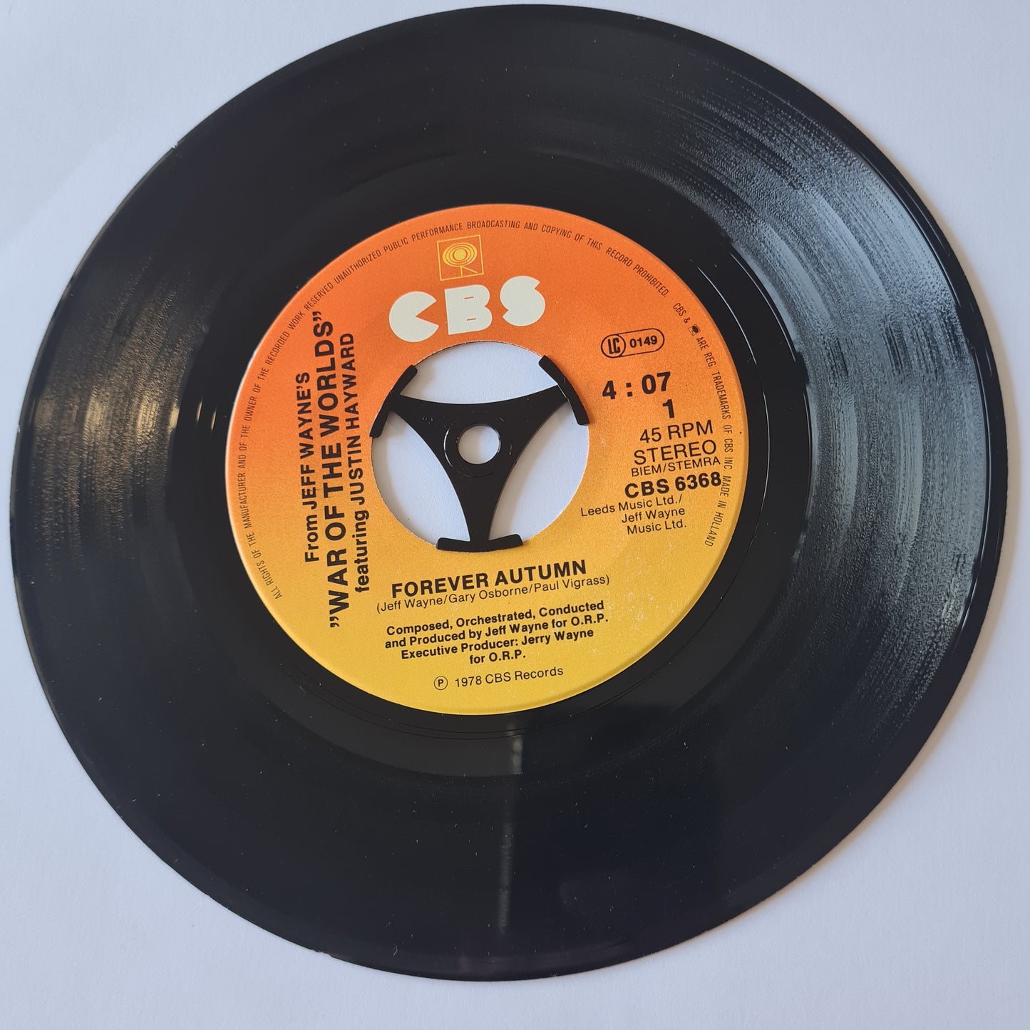 Jeff Wayne Feat. Justin Hayward – Forever Autumn (From "War Of The Worlds")- 1978 - Vinyl Record 7" Single - 45 RPM