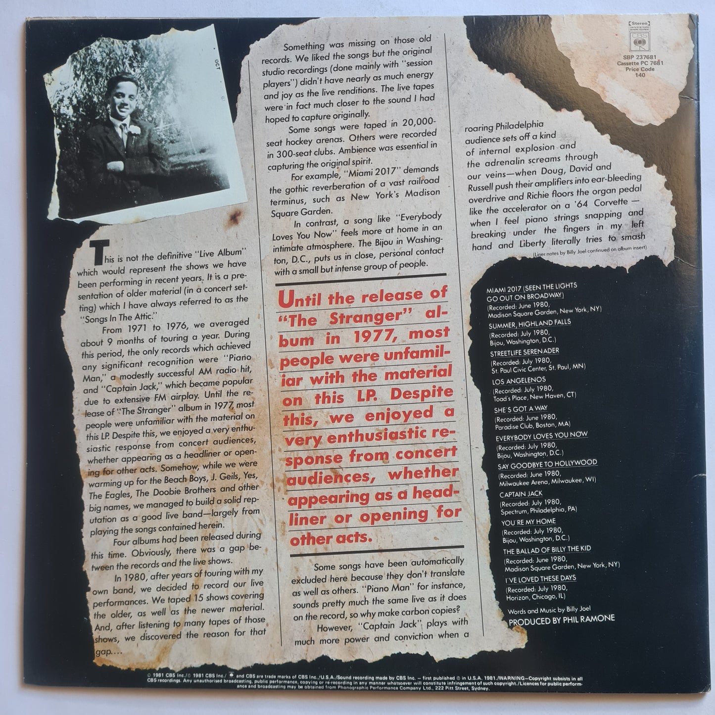 Billy Joel – Songs In The Attic - 1981 (Gatefold) - Vinyl Record LP (near mint)