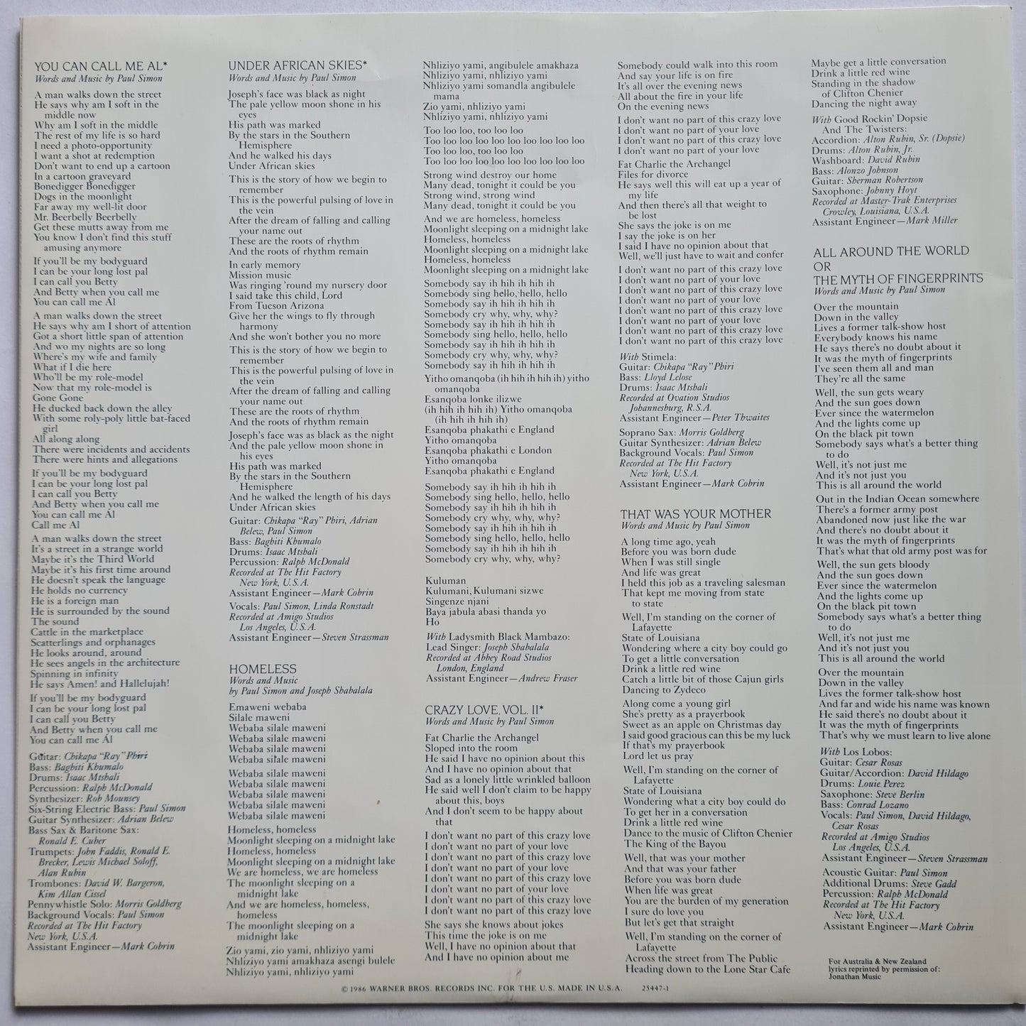 Paul Simon – Graceland - 1986 - Vinyl Record LP