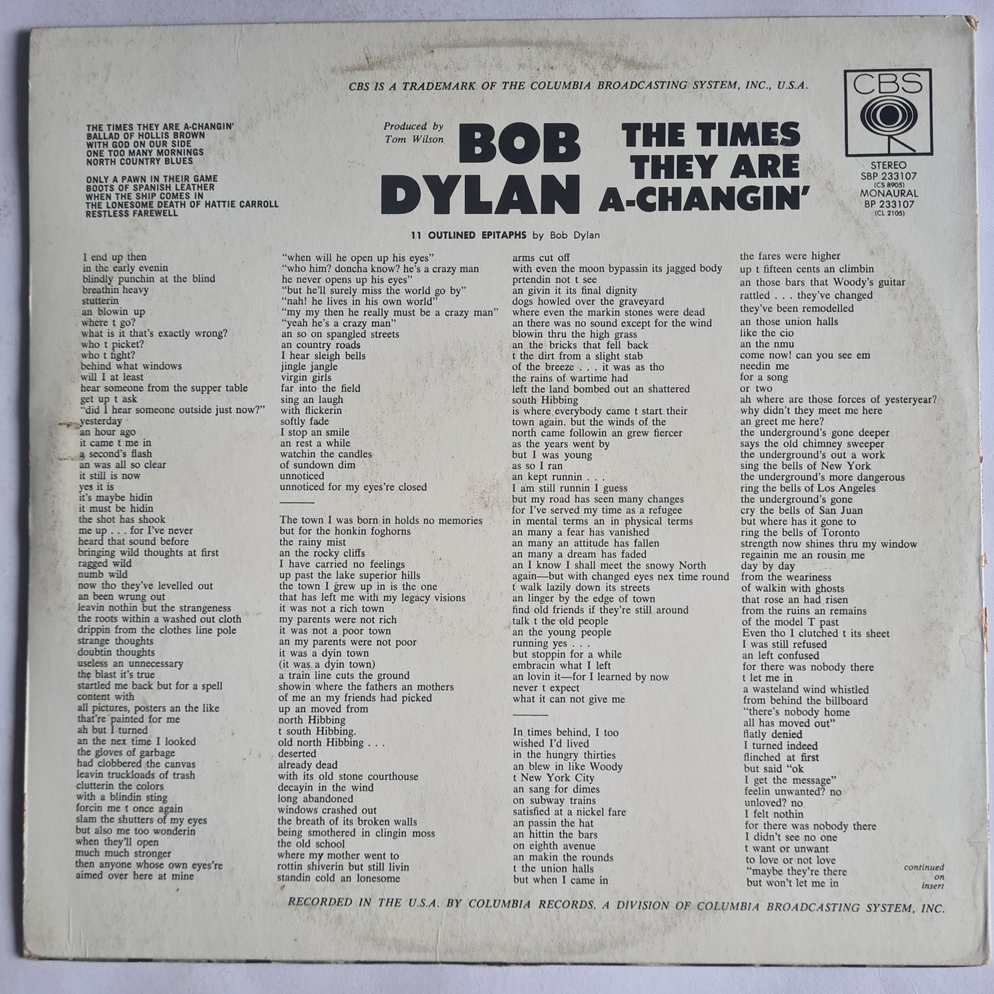 Bob Dylan – The Times They Are A-Changin' - 1964 (late 70's Australian Pressing) - Vinyl Record LP