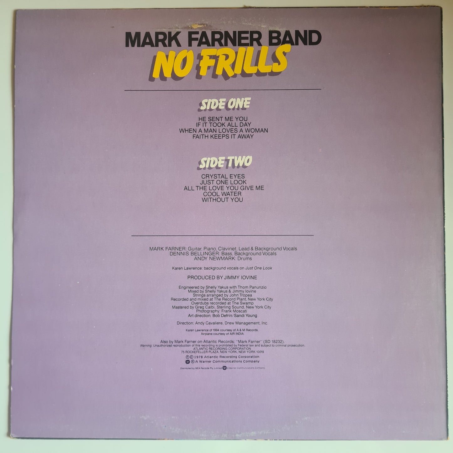 Mark Farner Band (Grand Funk) – No Frills - 1978 - Vinyl Record LP