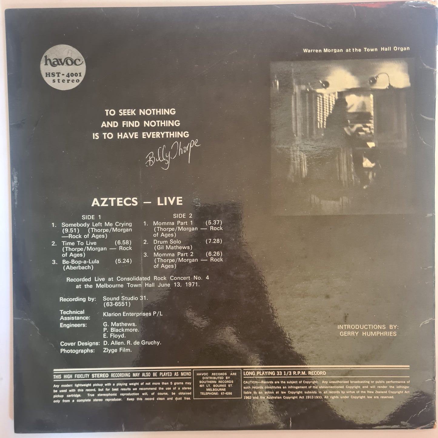 Billy Thorpe & The Aztecs – Live: Melbourne Town Hall - 1971 (Gatefold) - Vinyl Record LP