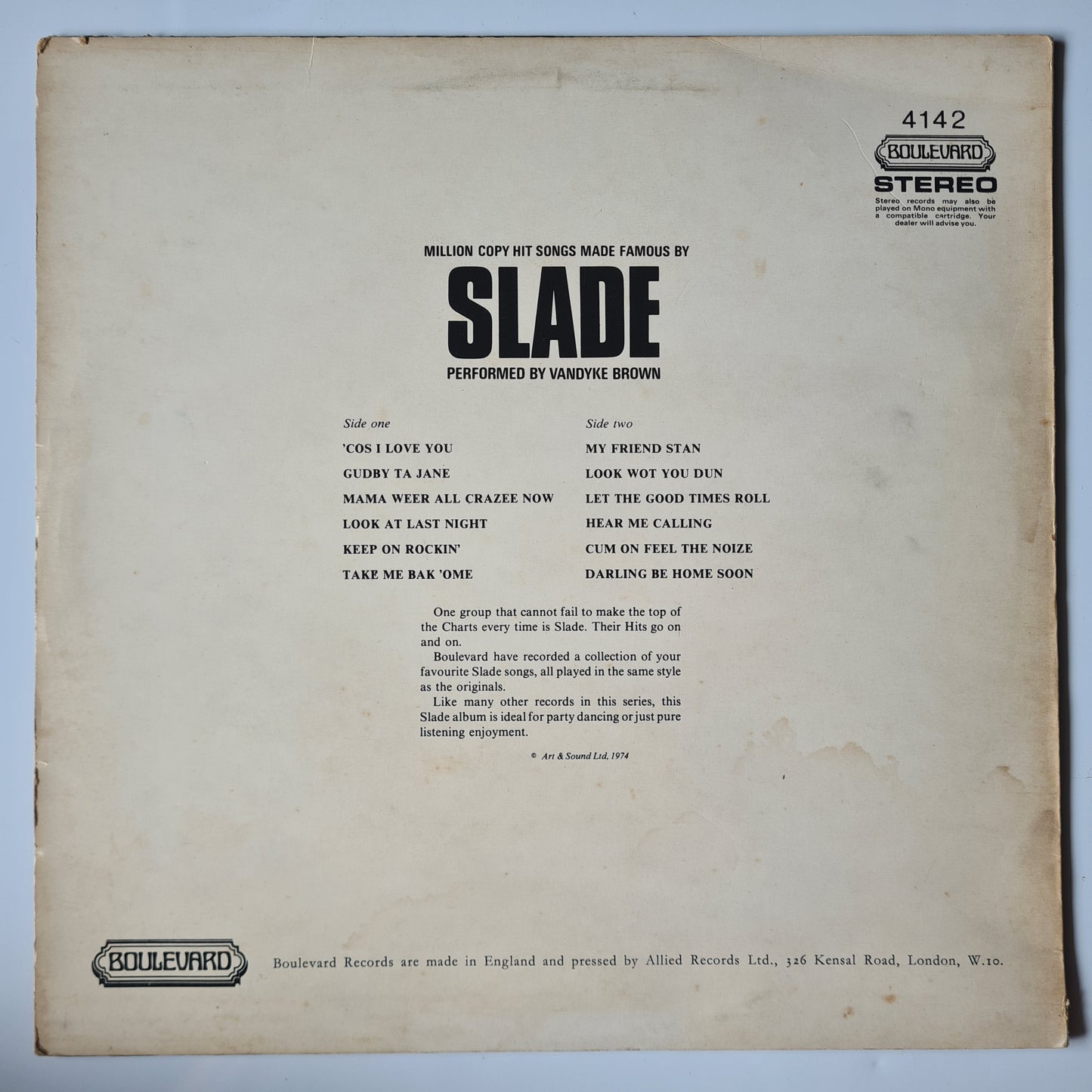 Vandyke Brown – Million Copy Hit Songs Made Famous By Slade - 1974 - Vinyl Record LP