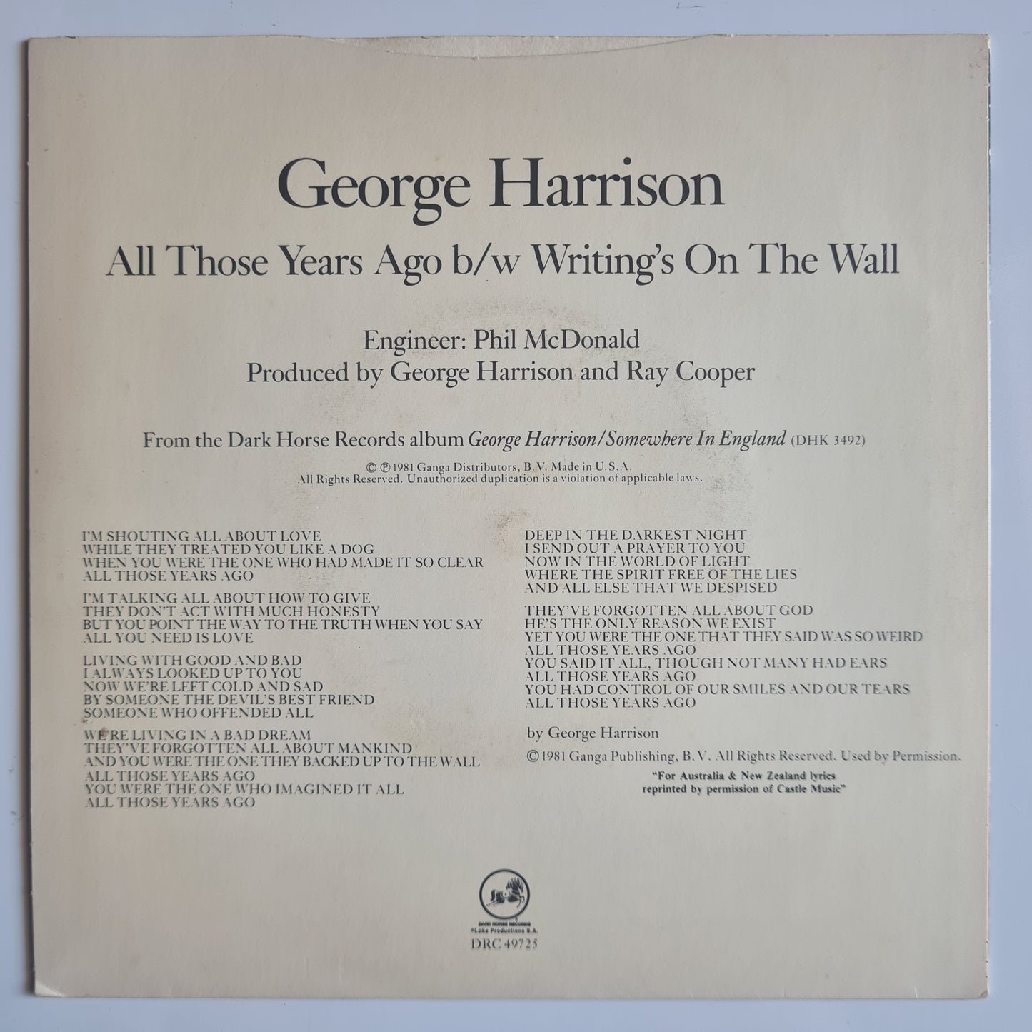George Harrison (The Beatles) – All Those Years Ago - 1981 - Vinyl Record 7" Single - 45 RPM